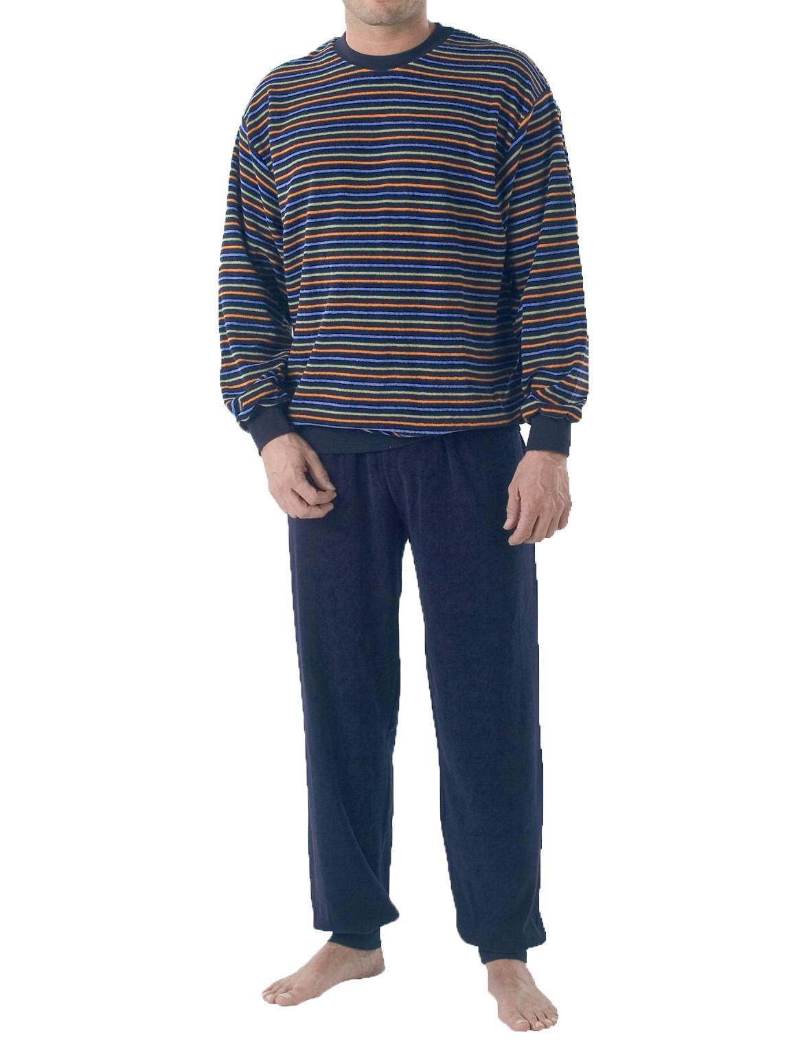 Eleganter Herren Frottee Pyjama Schlafanzug mit Bündchen in Streifenoptik - TEST