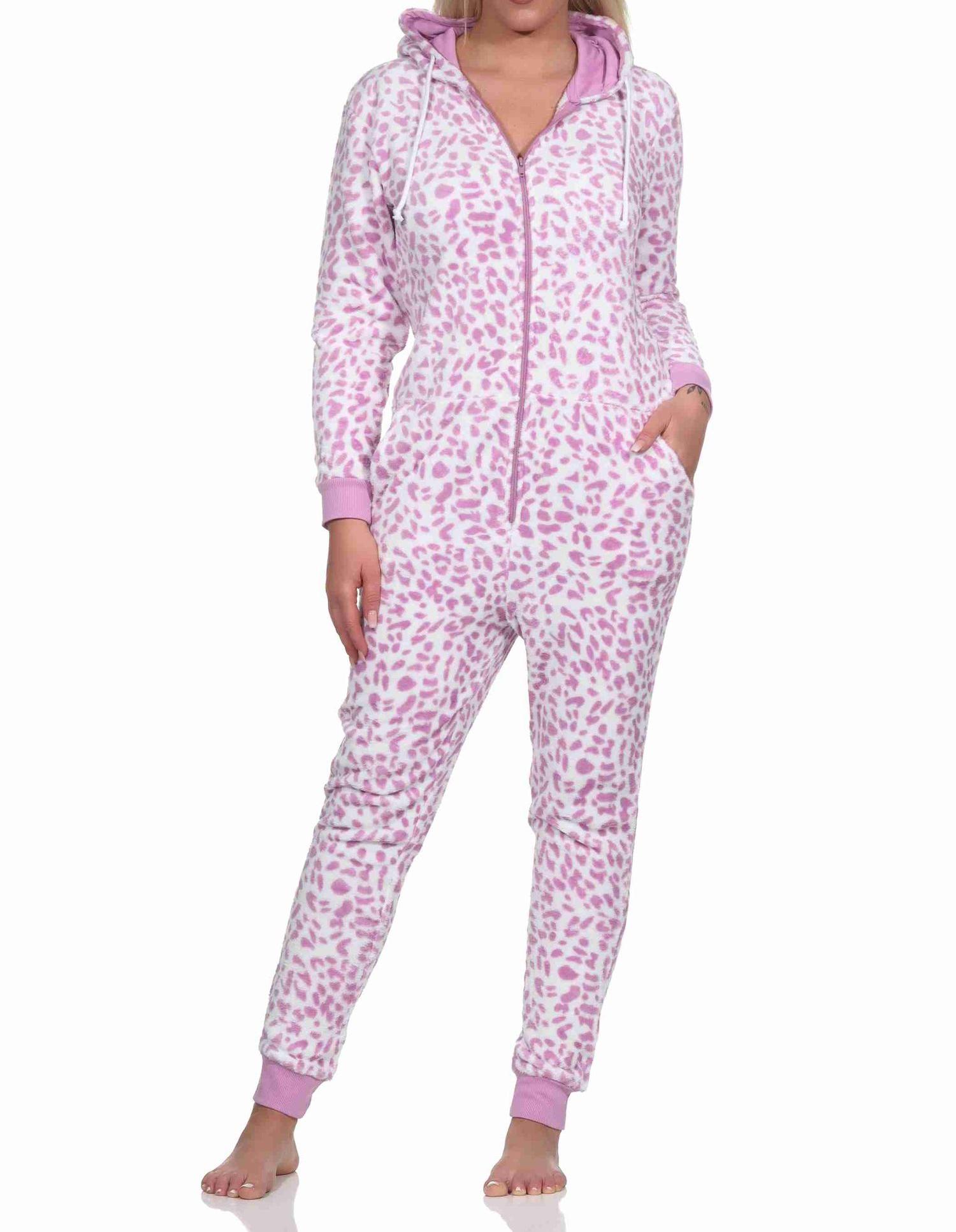 Damen Schlafanzug Einteiler Jumpsuit Overall aus Coralfleece im Animal Look Damen Schlafanzug Einteiler Jumpsuit Overall aus Coralfleece im Animal Look