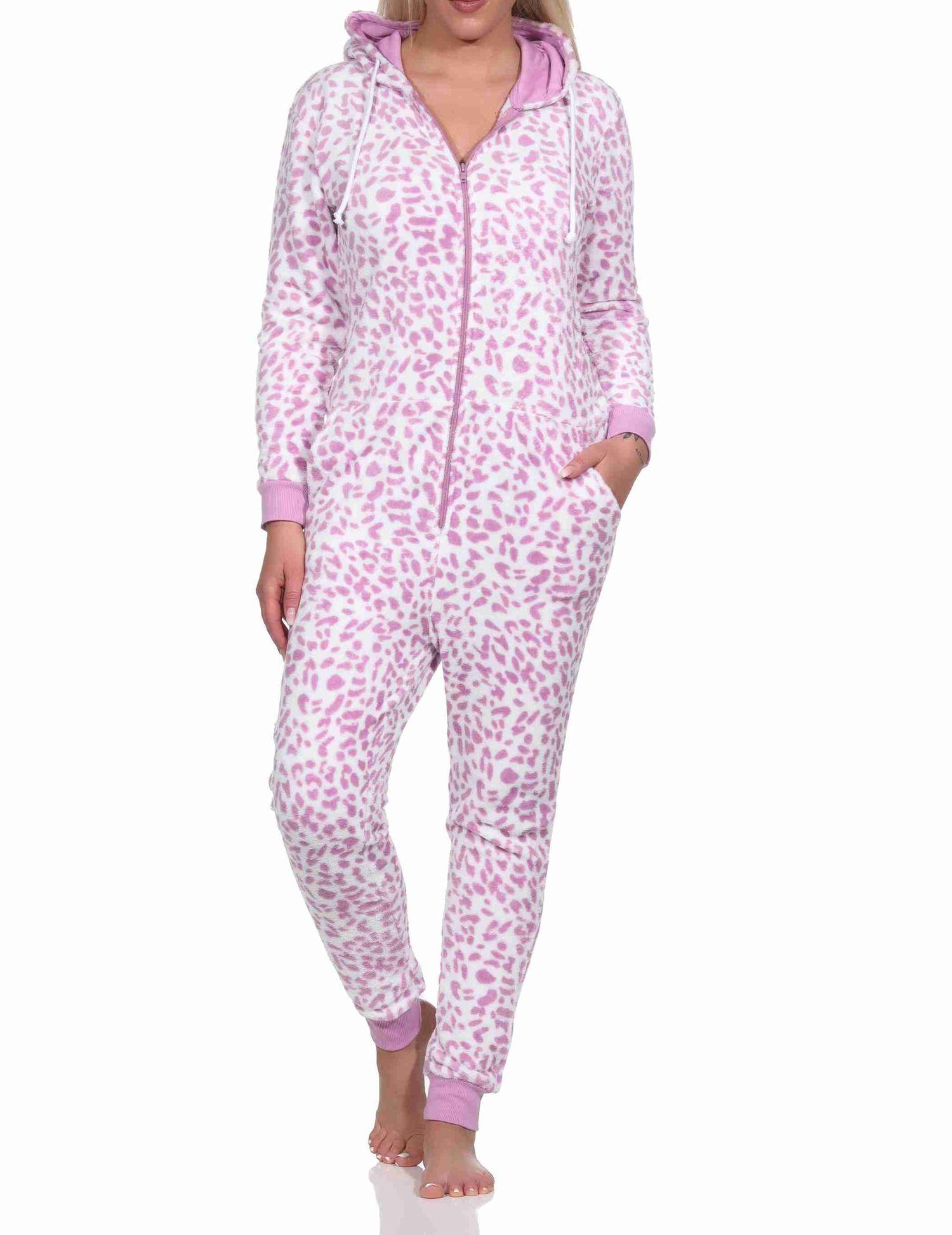 Damen Schlafanzug Einteiler Jumpsuit Overall aus Coralfleece im Animal Look
