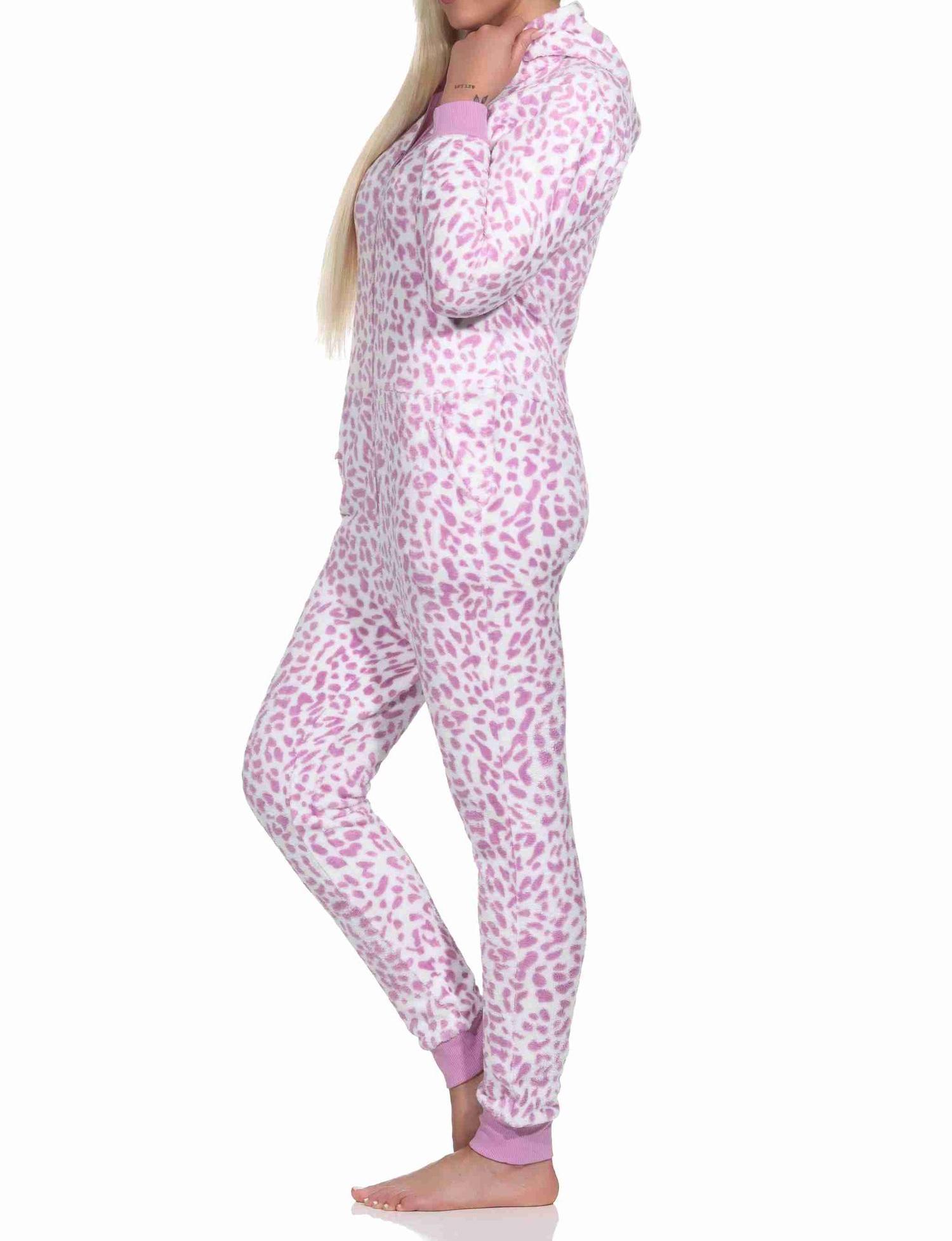 Damen Schlafanzug Einteiler Jumpsuit Overall aus Coralfleece im Animal Look