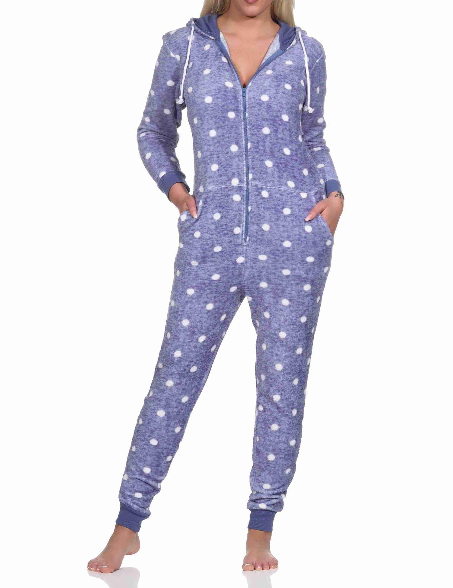Kuschelig warmer Damen Jumpsuit Schlafanzug Overall aus Coralfleece in Tupfen Punkte Optik