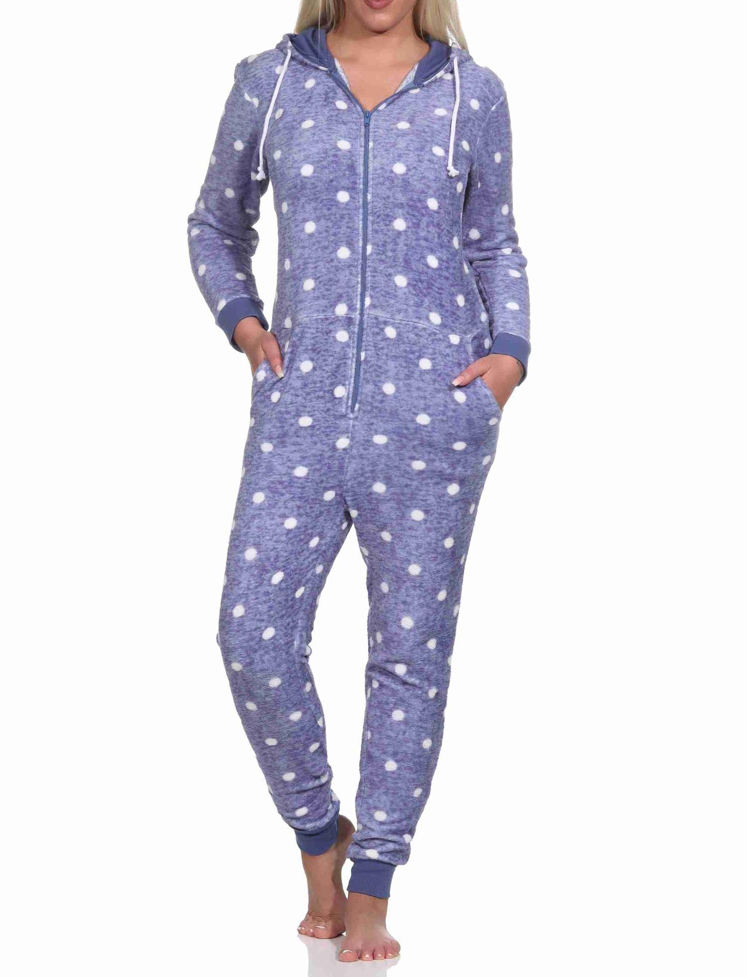 Kuschelig warmer Damen Jumpsuit Schlafanzug Overall aus Coralfleece in Tupfen Punkte Optik