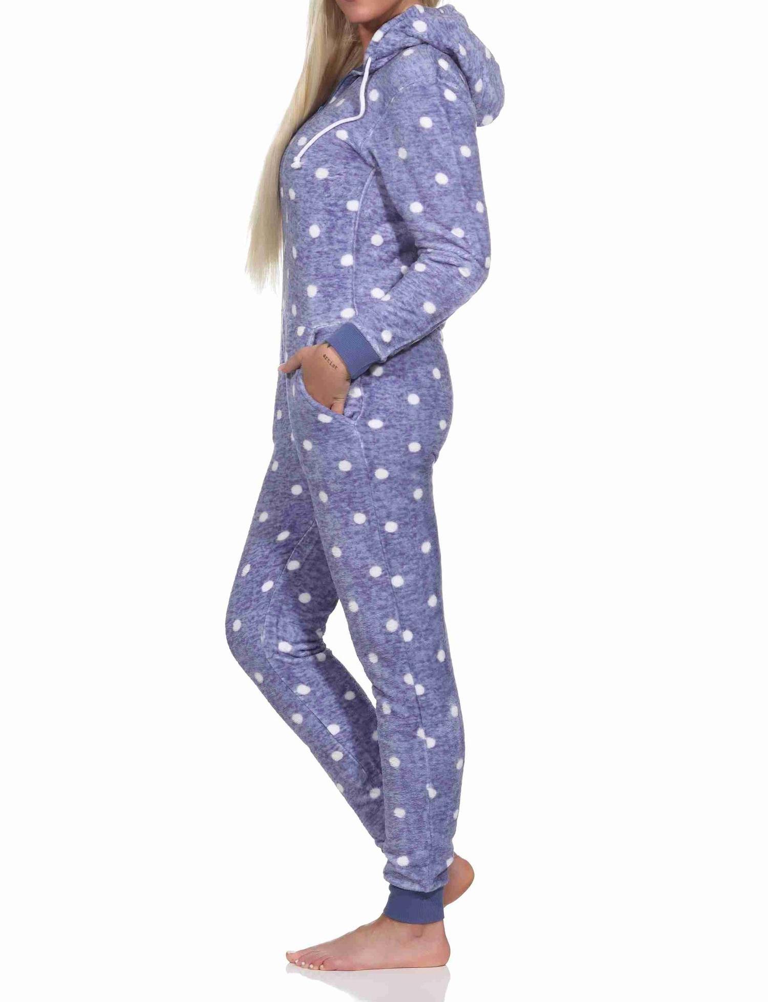 Kuschelig warmer Damen Jumpsuit Schlafanzug Overall aus Coralfleece in Tupfen Punkte Optik
