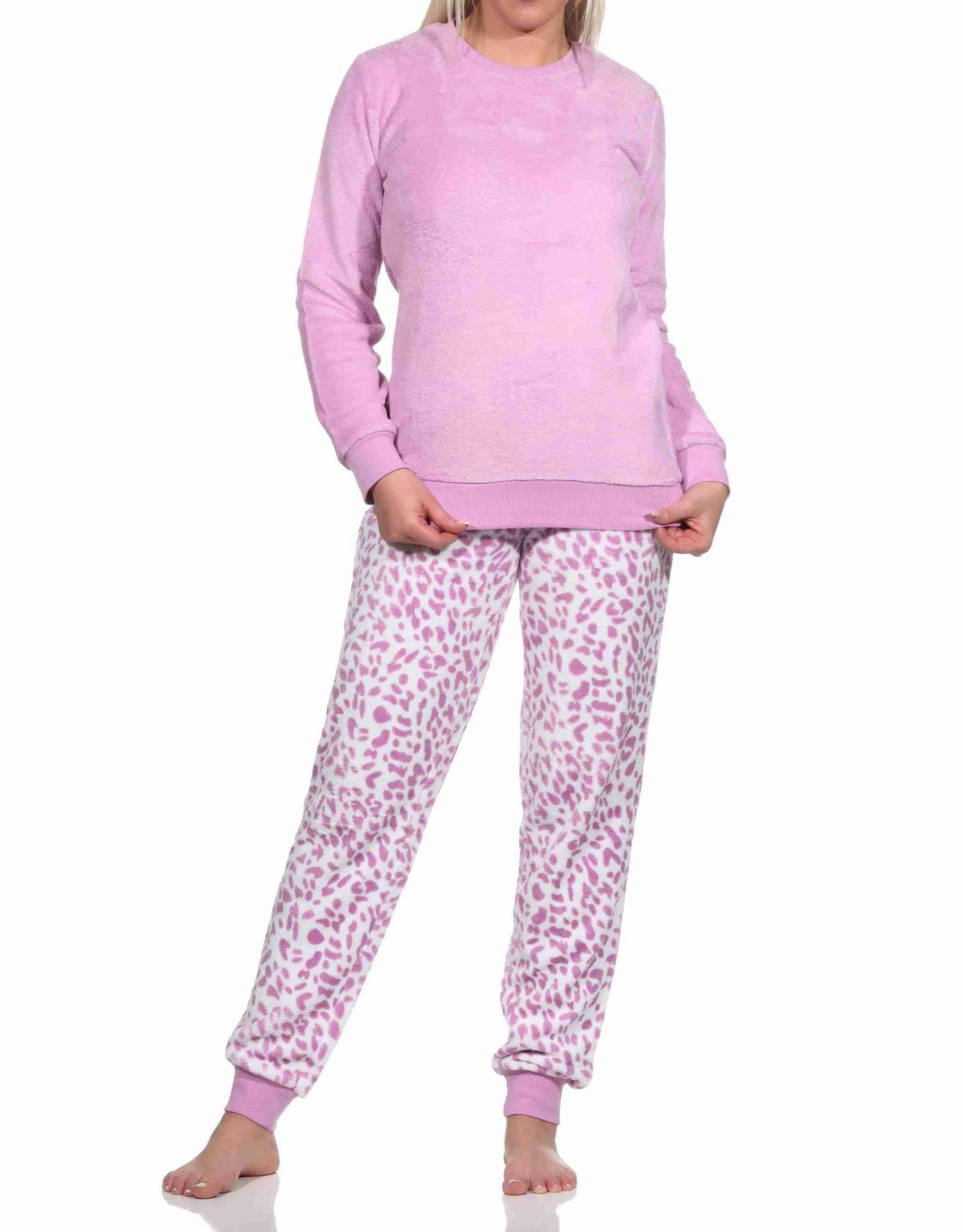 Damen langarm Schlafanzug Pyjama mit Bündchen aus Coralfleece im Animal Look