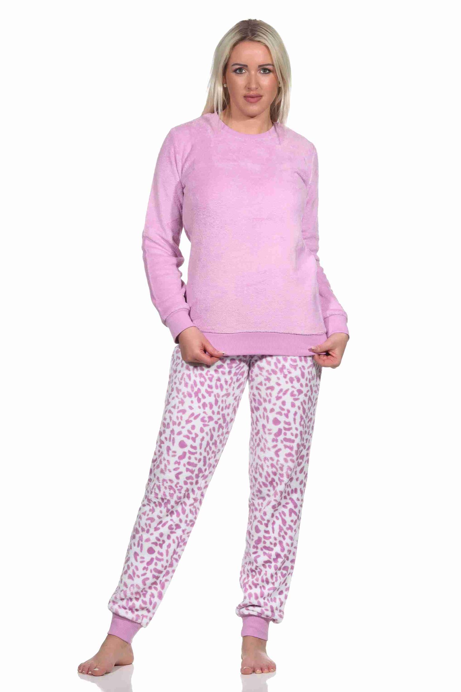 Damen langarm Schlafanzug Pyjama mit Bündchen aus Coralfleece im Animal Look