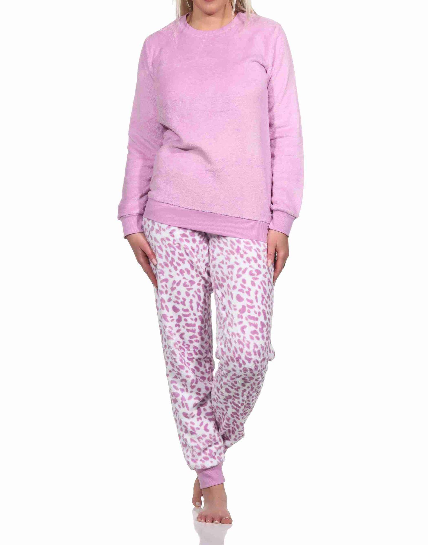 Damen langarm Schlafanzug Pyjama mit Bündchen aus Coralfleece im Animal Look
