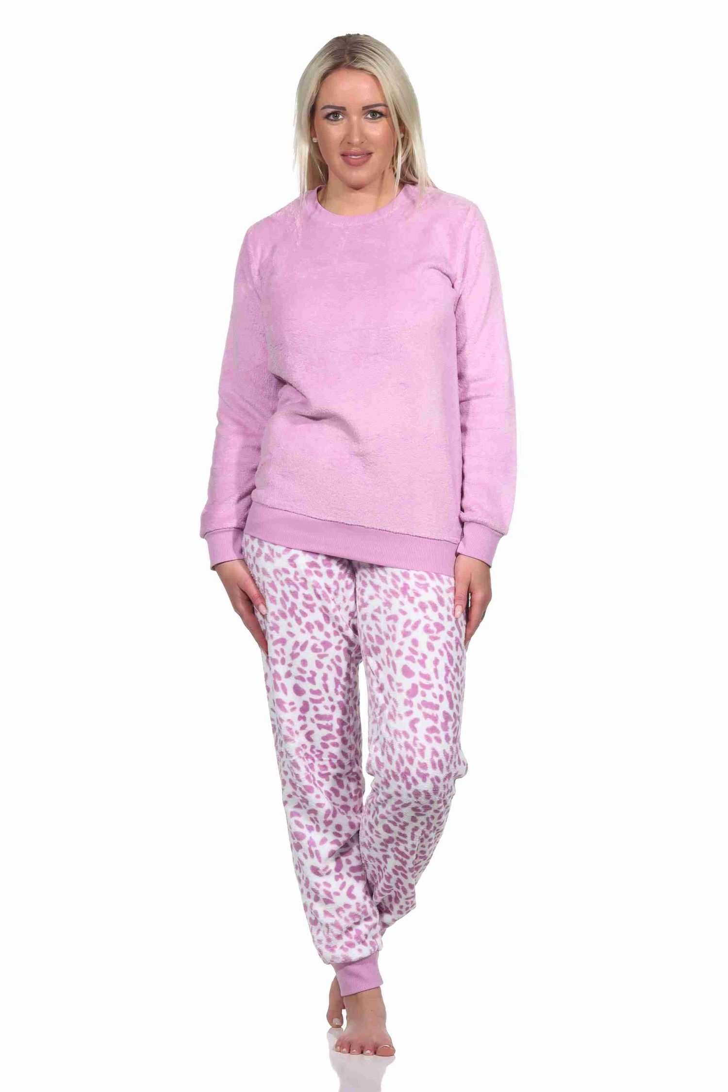 Damen langarm Schlafanzug Pyjama mit Bündchen aus Coralfleece im Animal Look