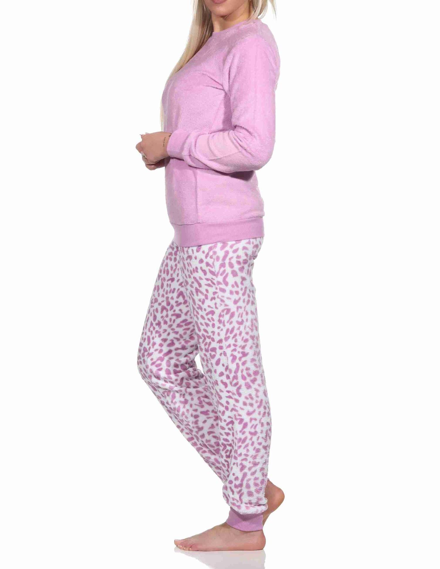 Damen langarm Schlafanzug Pyjama mit Bündchen aus Coralfleece im Animal Look