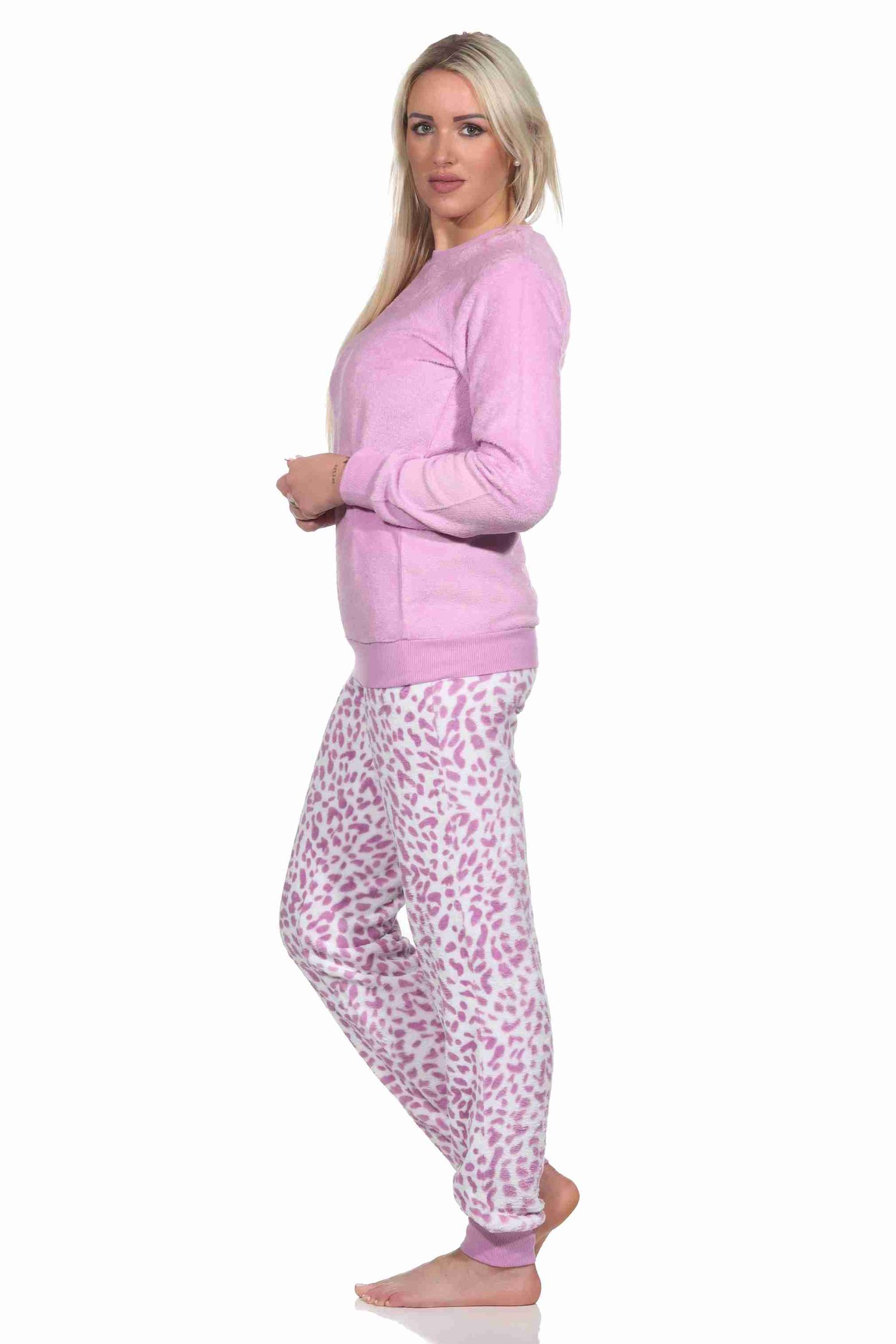 Damen langarm Schlafanzug Pyjama mit Bündchen aus Coralfleece im Animal Look