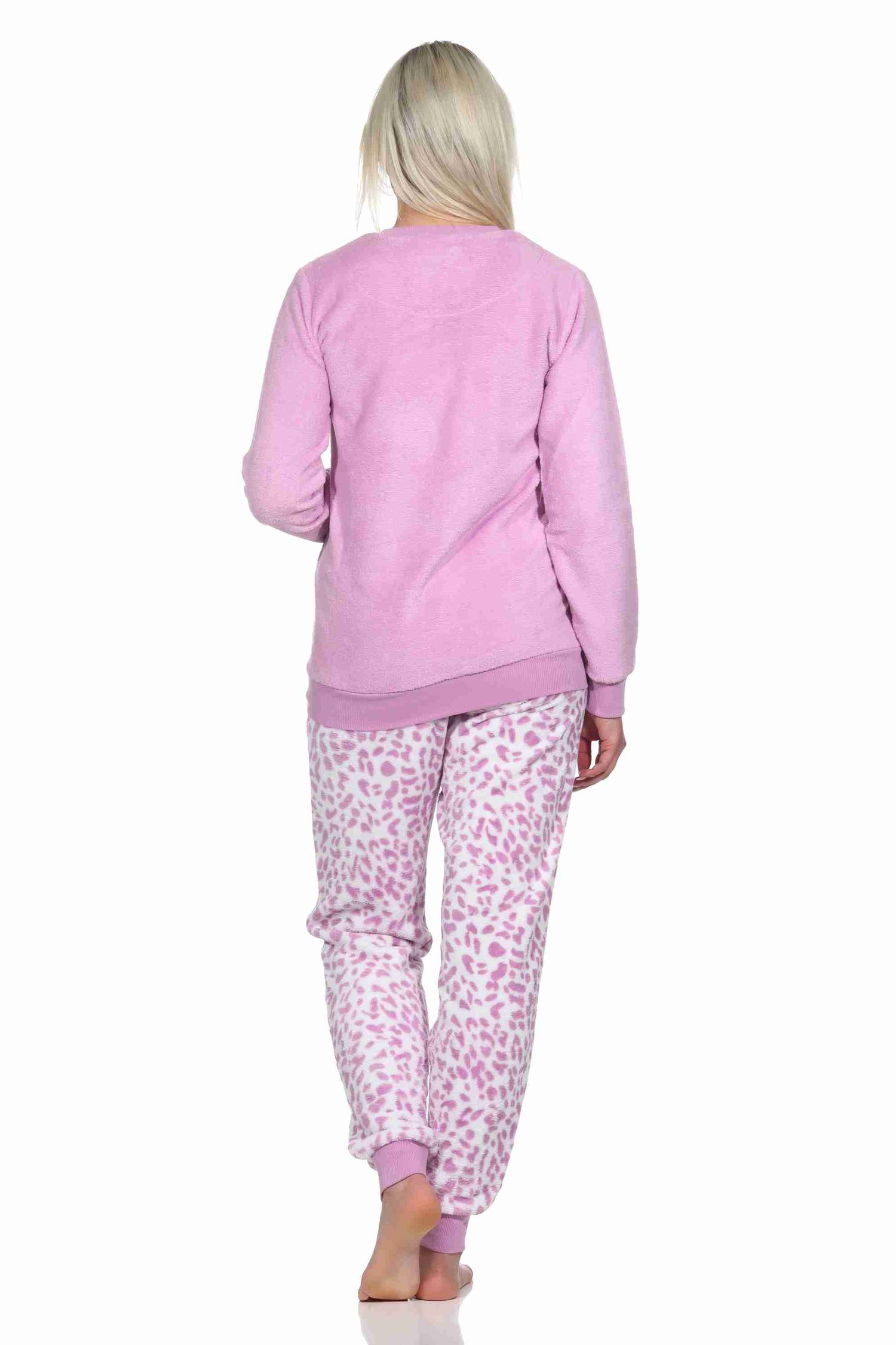 Damen langarm Schlafanzug Pyjama mit Bündchen aus Coralfleece im Animal Look