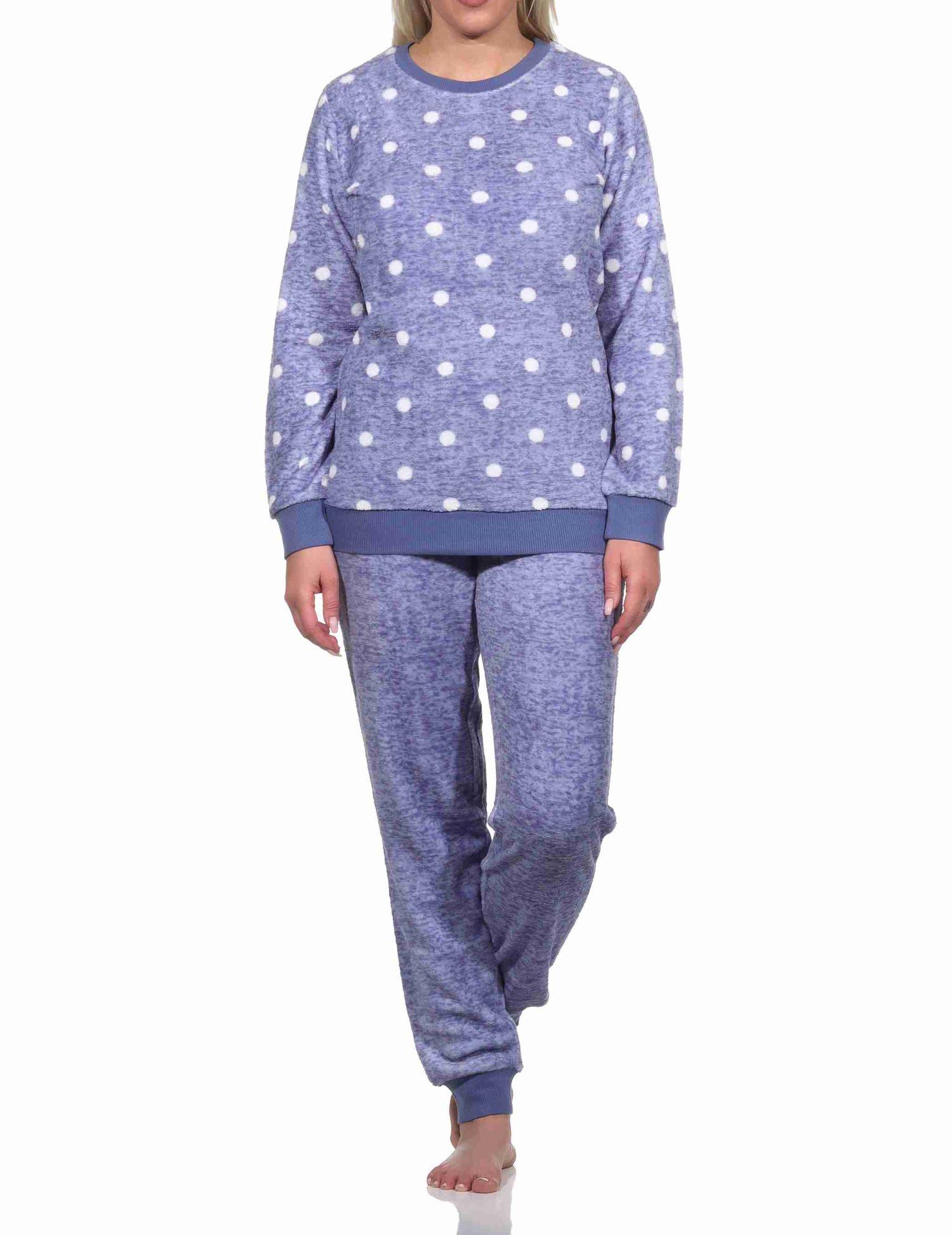 Kuschelig warmer Damen langarm Schlafanzug mit Bündchen aus Coralfleece in Tupfen Optik