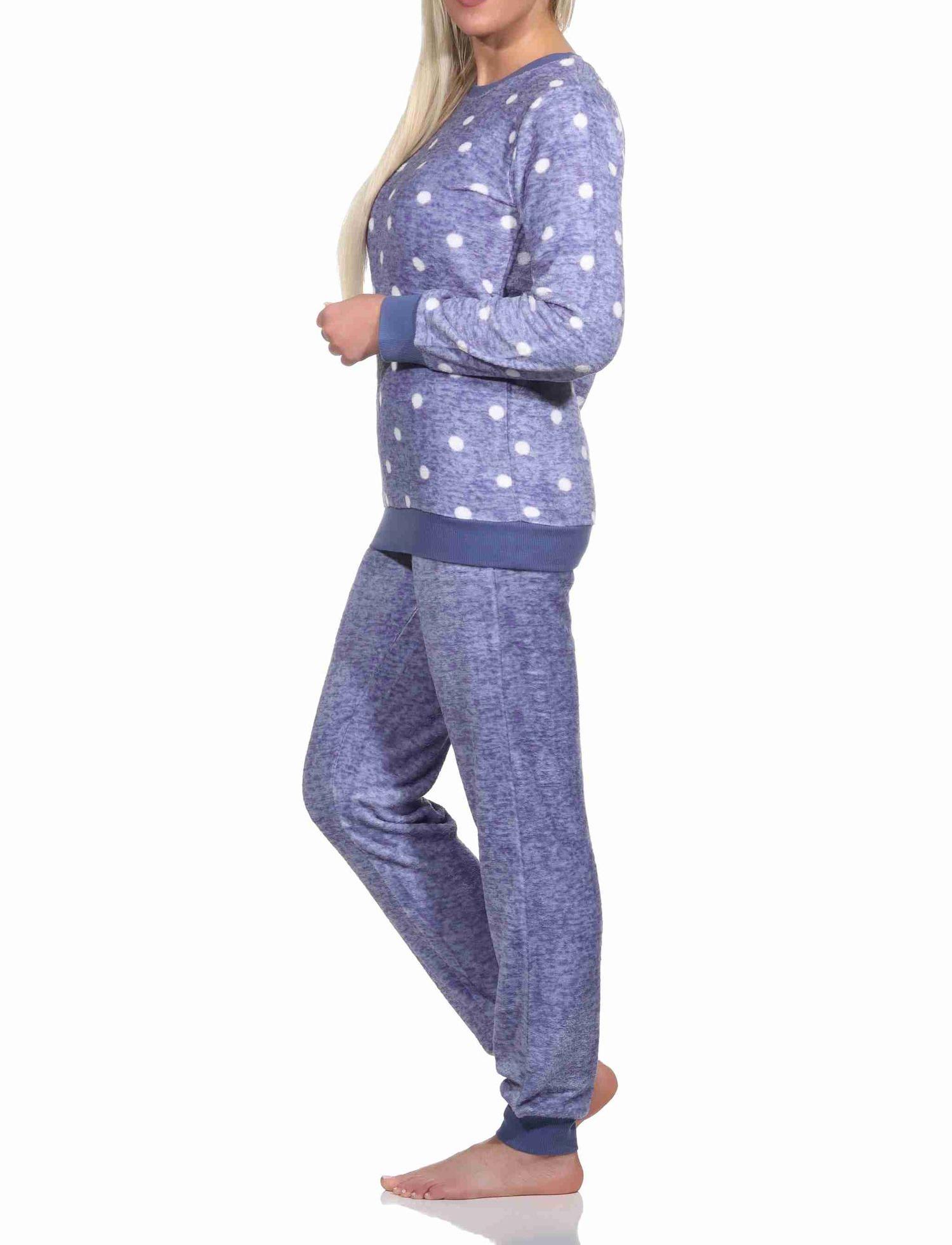 Kuschelig warmer Damen langarm Schlafanzug mit Bündchen aus Coralfleece in Tupfen Optik