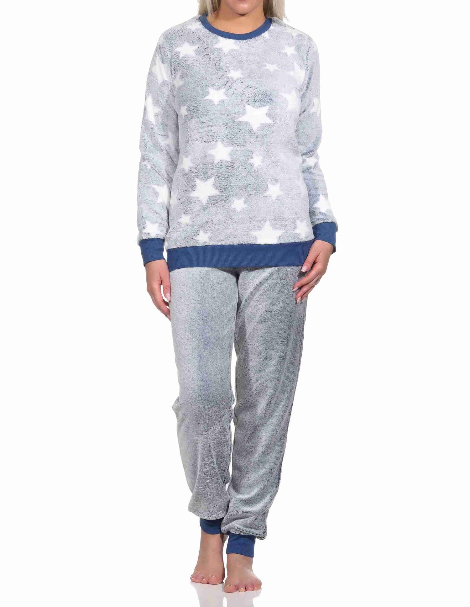Damen langarm Schlafanzug mit Bündchen in Sterneoptik aus kuschelig warmen Coralfleece
