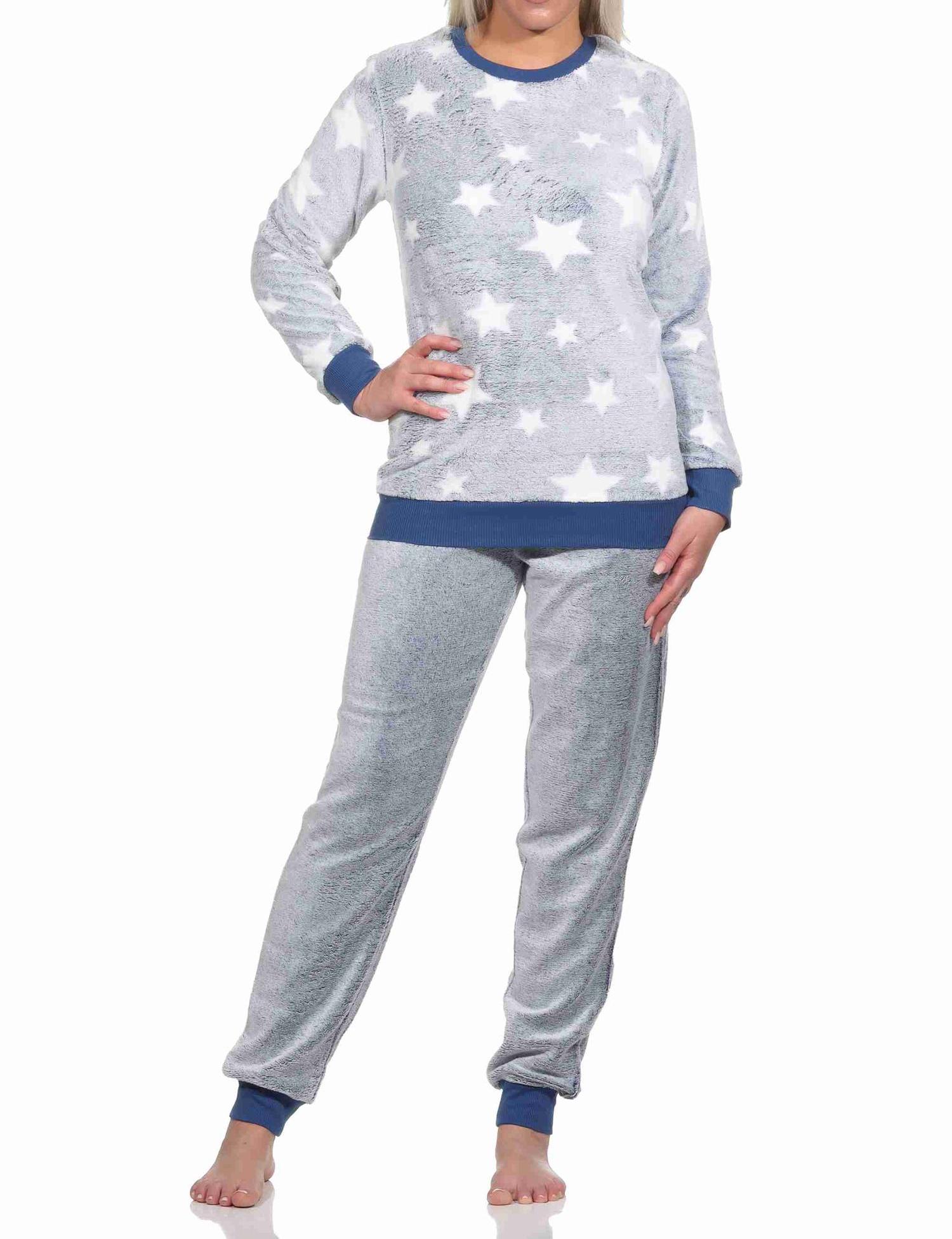 Damen langarm Schlafanzug mit Bündchen in Sterneoptik aus kuschelig warmen Coralfleece