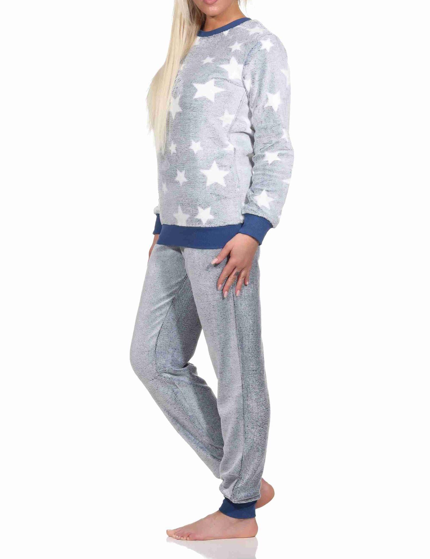 Damen langarm Schlafanzug mit Bündchen in Sterneoptik aus kuschelig warmen Coralfleece