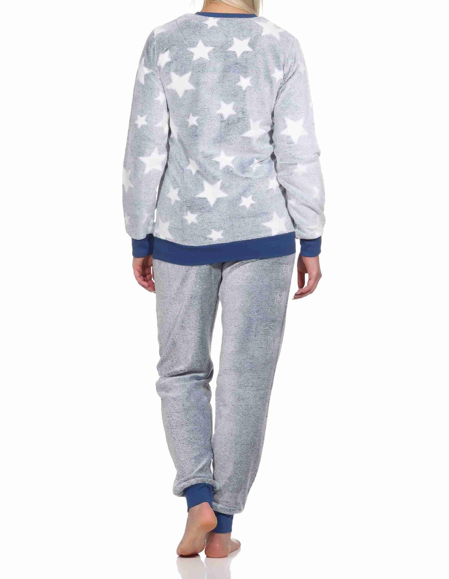 Damen langarm Schlafanzug mit Bündchen in Sterneoptik aus kuschelig warmen Coralfleece