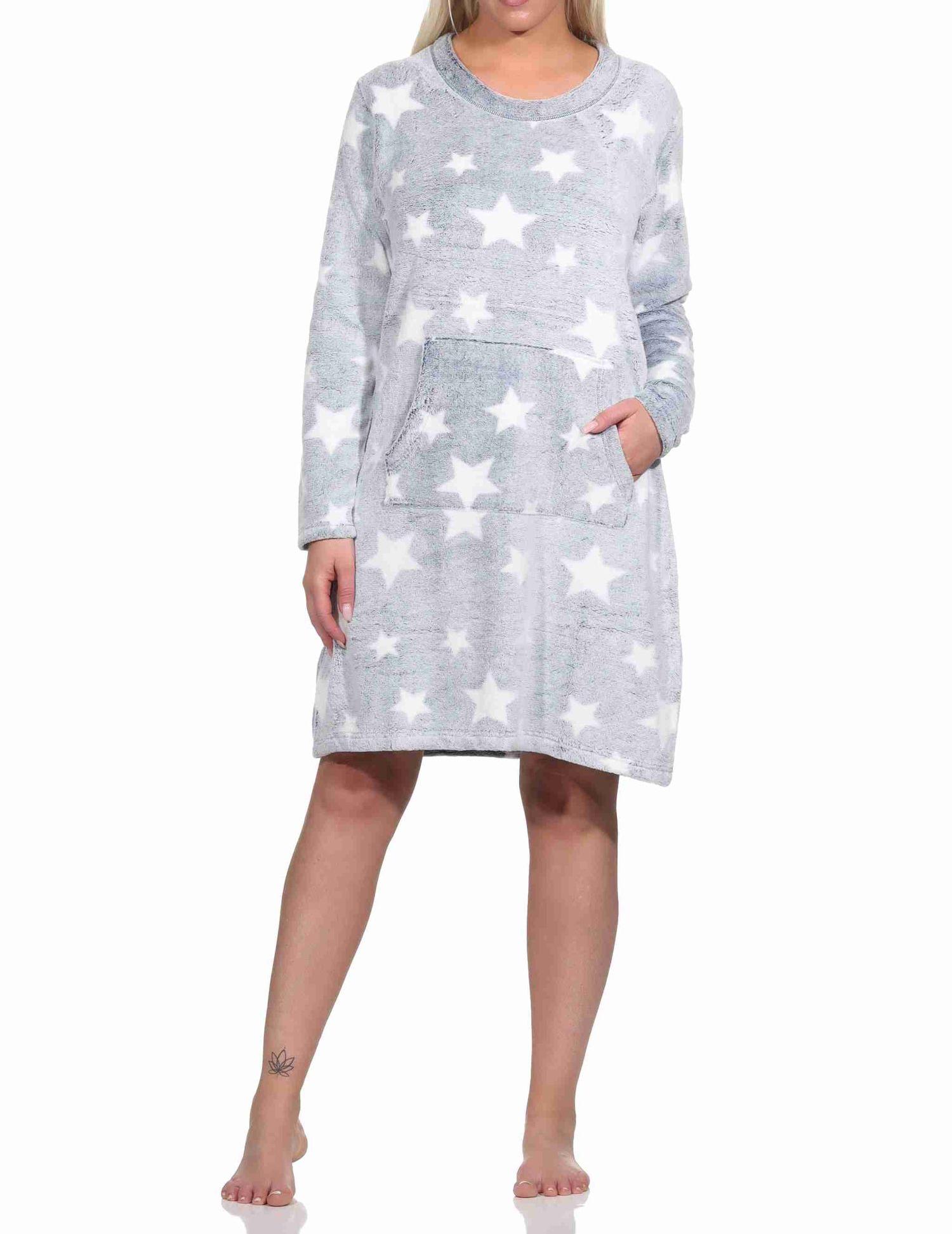 Damen langarm Nachthemd mit Bündchen in Sterneoptik aus kuschelig warmen Coralfleece