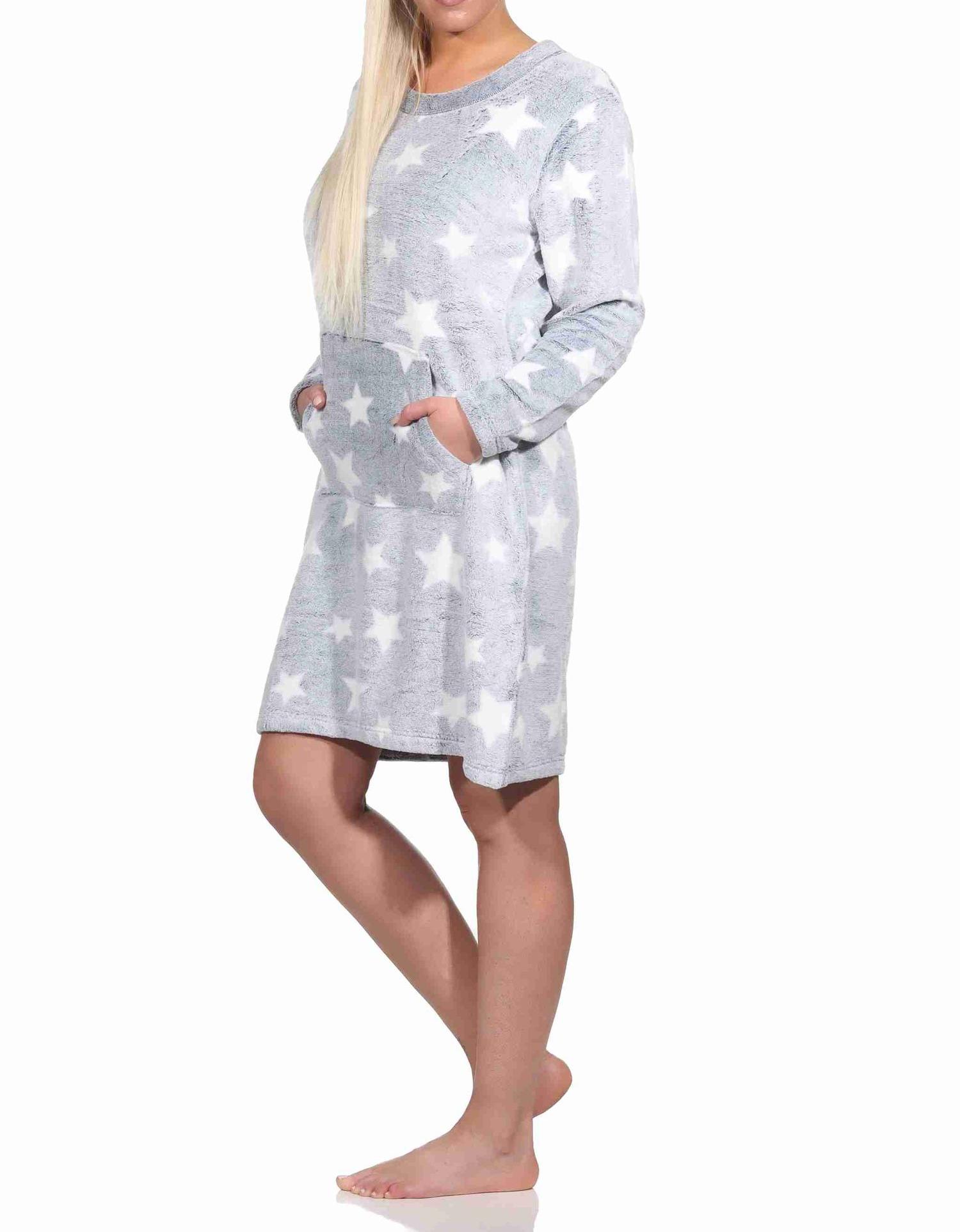 Damen langarm Nachthemd mit Bündchen in Sterneoptik aus kuschelig warmen Coralfleece