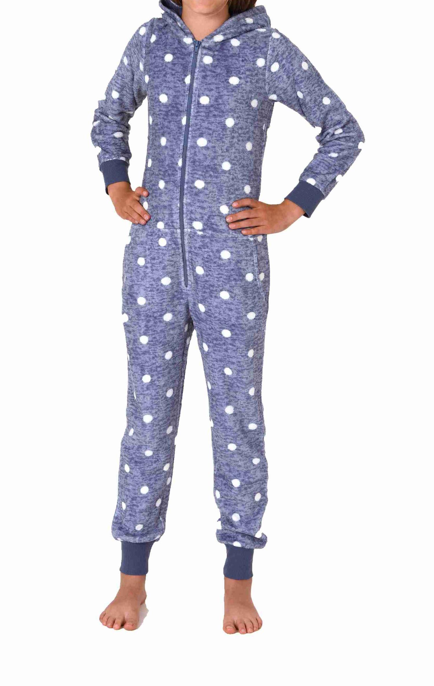 Kuschelig warmer Mädchen Jumpsuit Schlafanzug Overall aus Coralfleece in Tupfen Optik