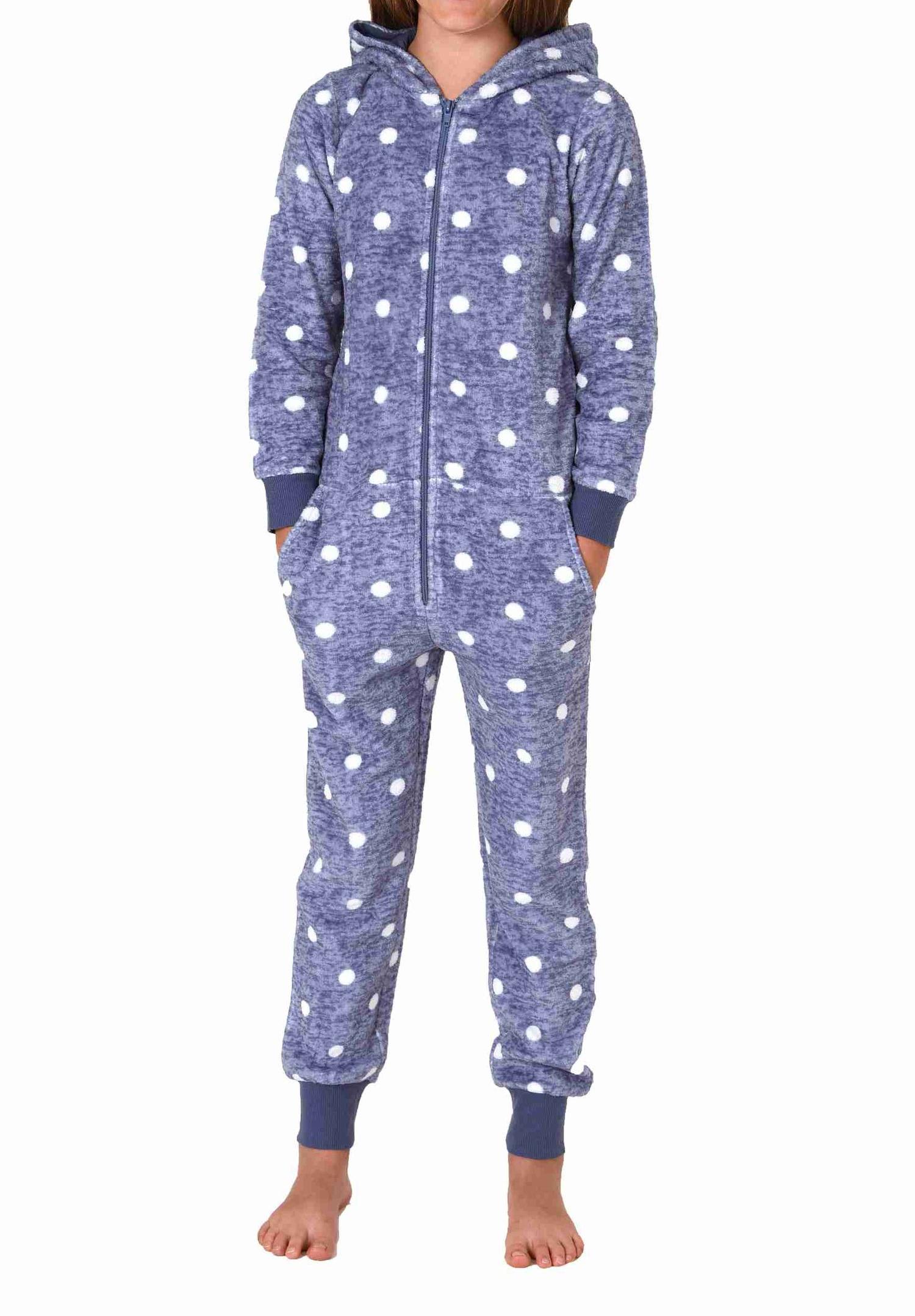 Kuschelig warmer Mädchen Jumpsuit Schlafanzug Overall aus Coralfleece in Tupfen Optik
