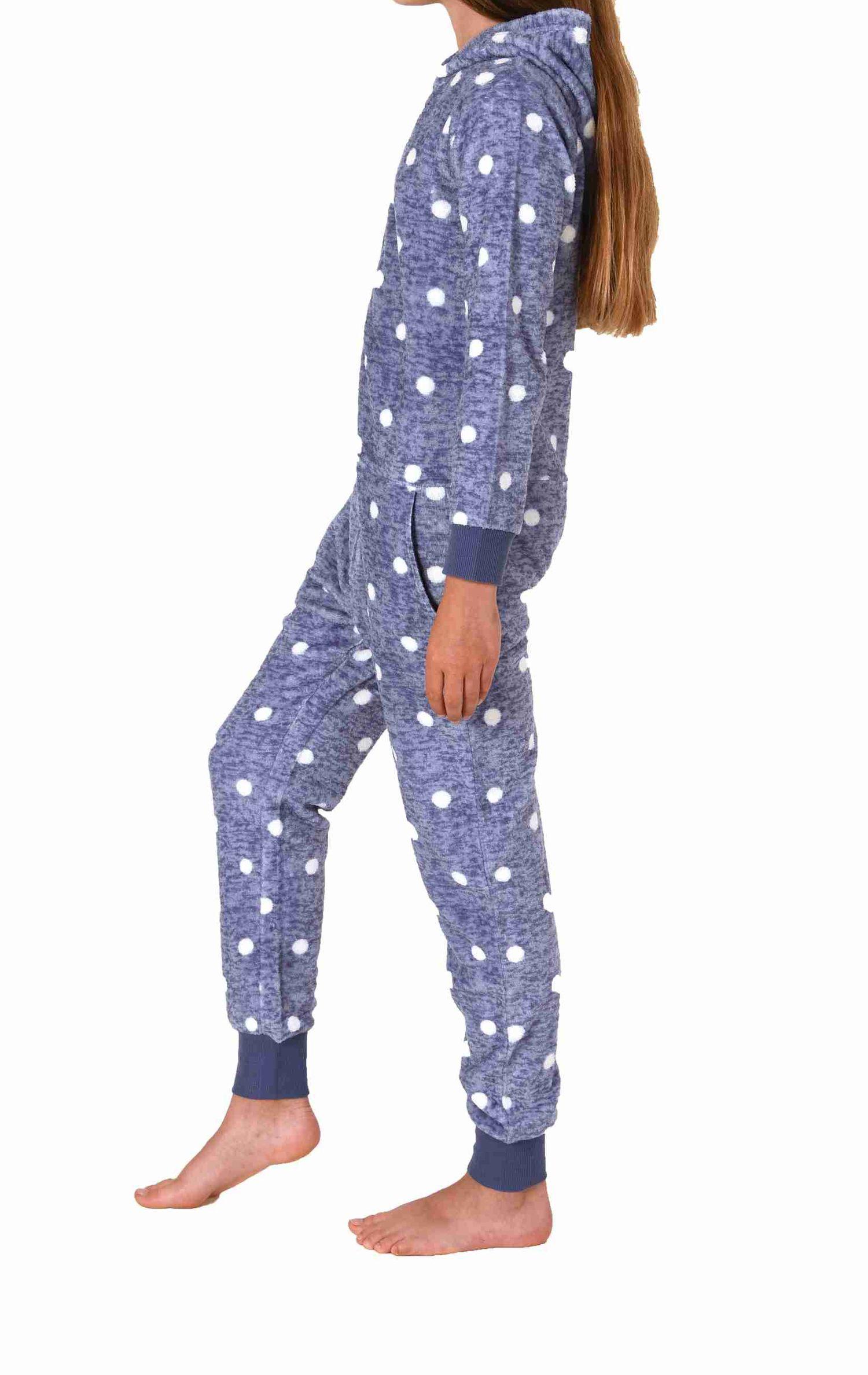 Kuschelig warmer Mädchen Jumpsuit Schlafanzug Overall aus Coralfleece in Tupfen Optik