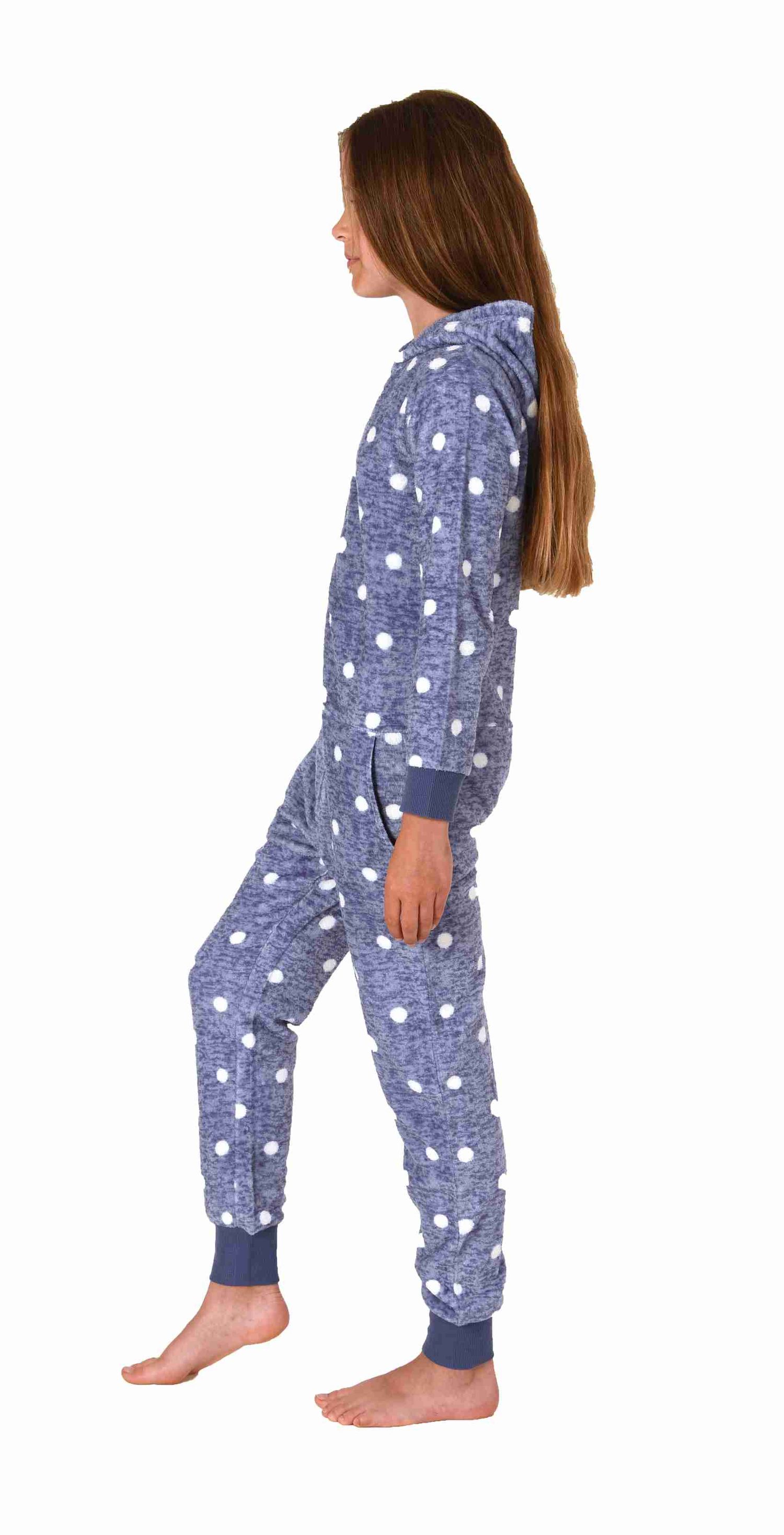 Kuschelig warmer Mädchen Jumpsuit Schlafanzug Overall aus Coralfleece in Tupfen Optik