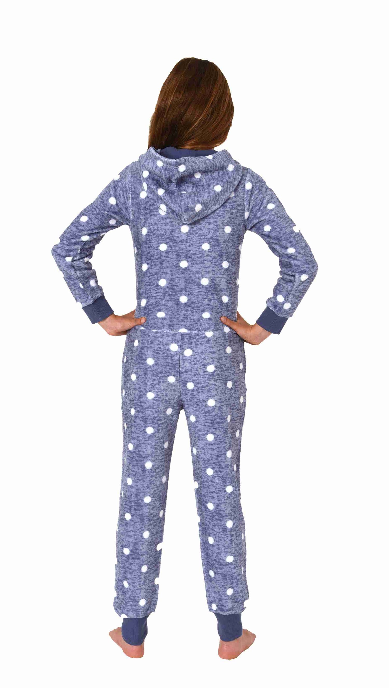 Kuschelig warmer Mädchen Jumpsuit Schlafanzug Overall aus Coralfleece in Tupfen Optik