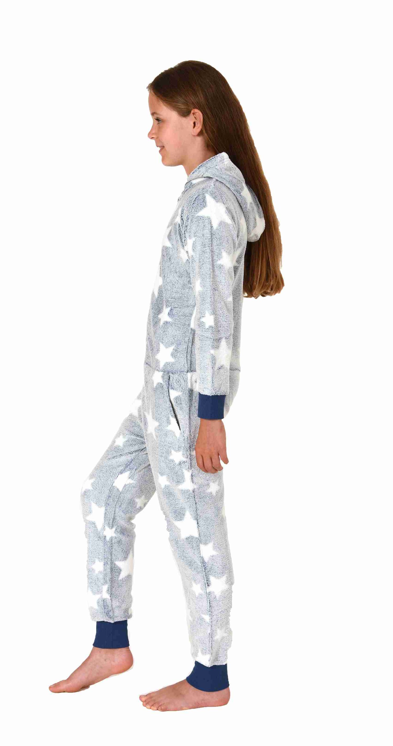 Mädchen Schlafanzug Jumpsuit Overall in Sterneoptik aus kuschelig warmen Coralfleece