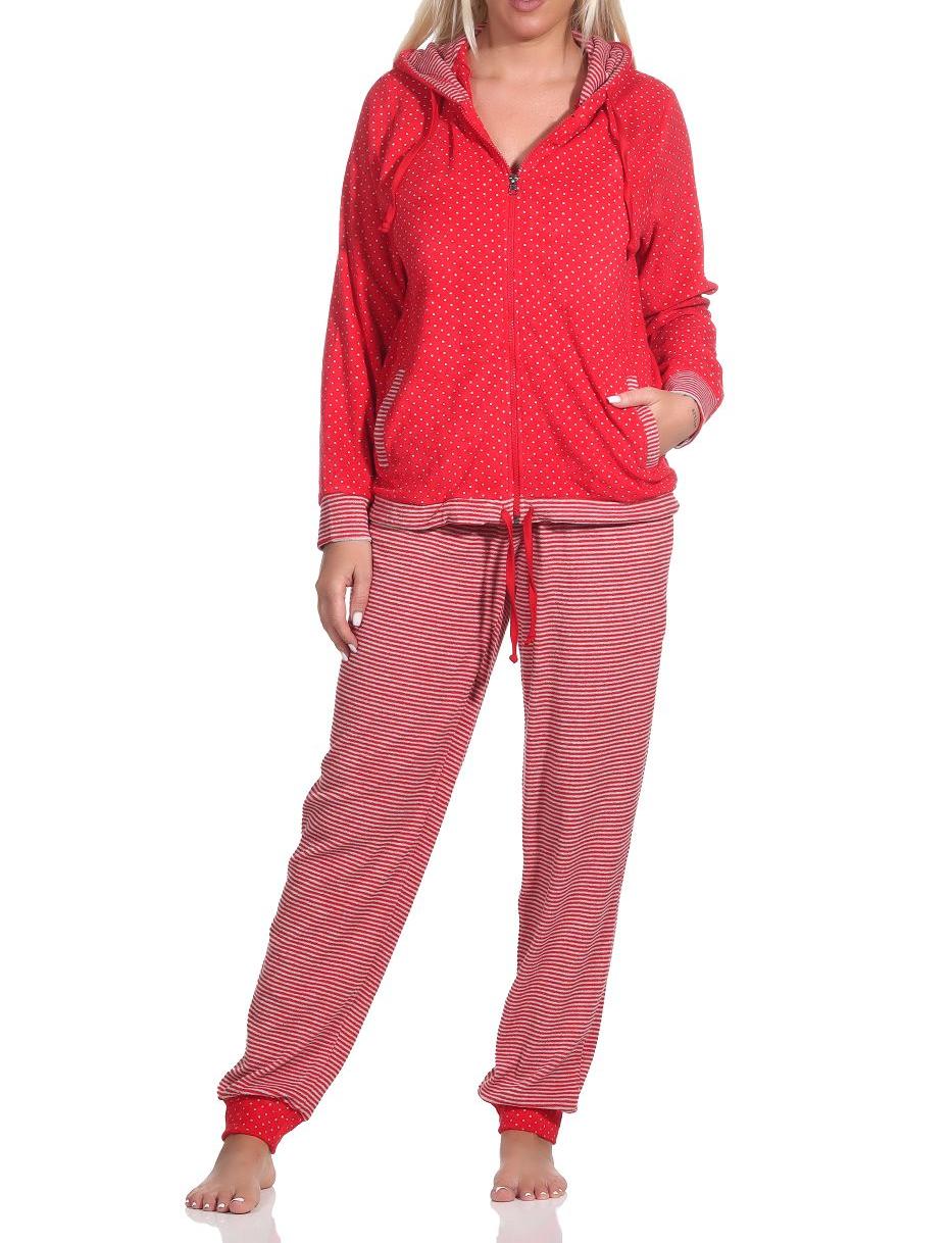 Damen Frottee Hausanzug mit Bündchen im Tupfen- und Ringeldesign  - auch in Übergrössen