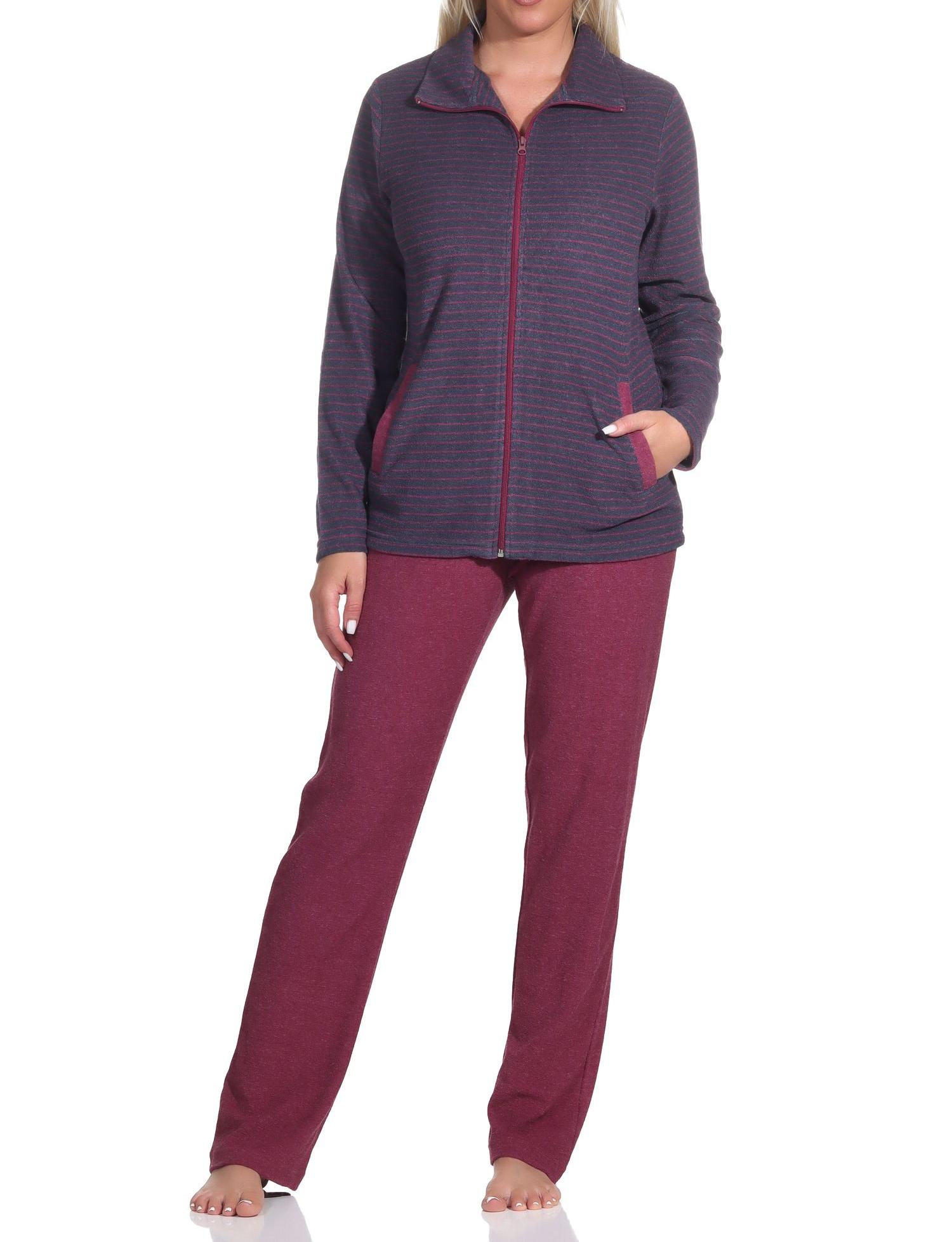 Damen langarm Frottee Hausanzug in Streifenoptik - auch in Übergrössen