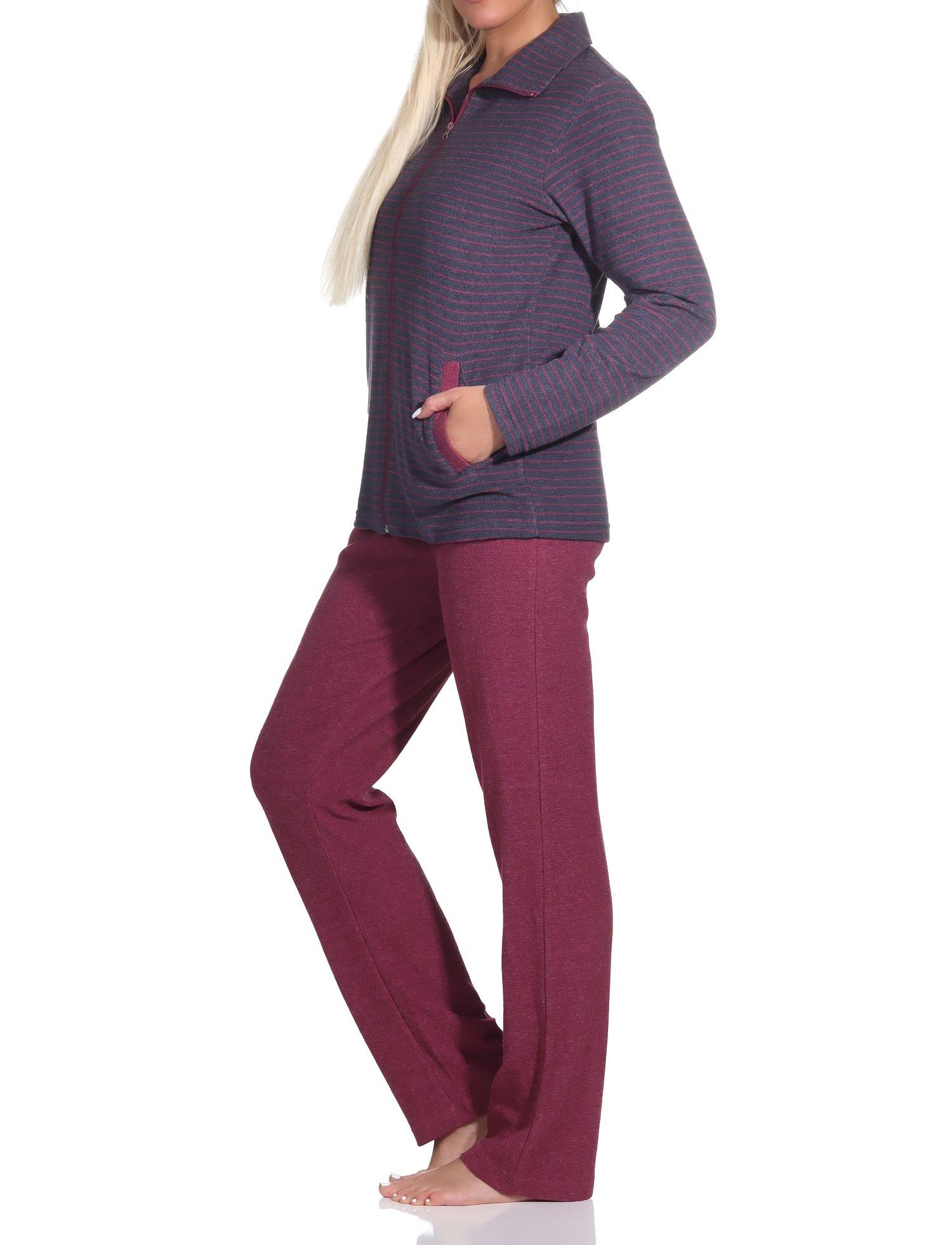 Damen langarm Frottee Hausanzug in Streifenoptik - auch in Übergrössen
