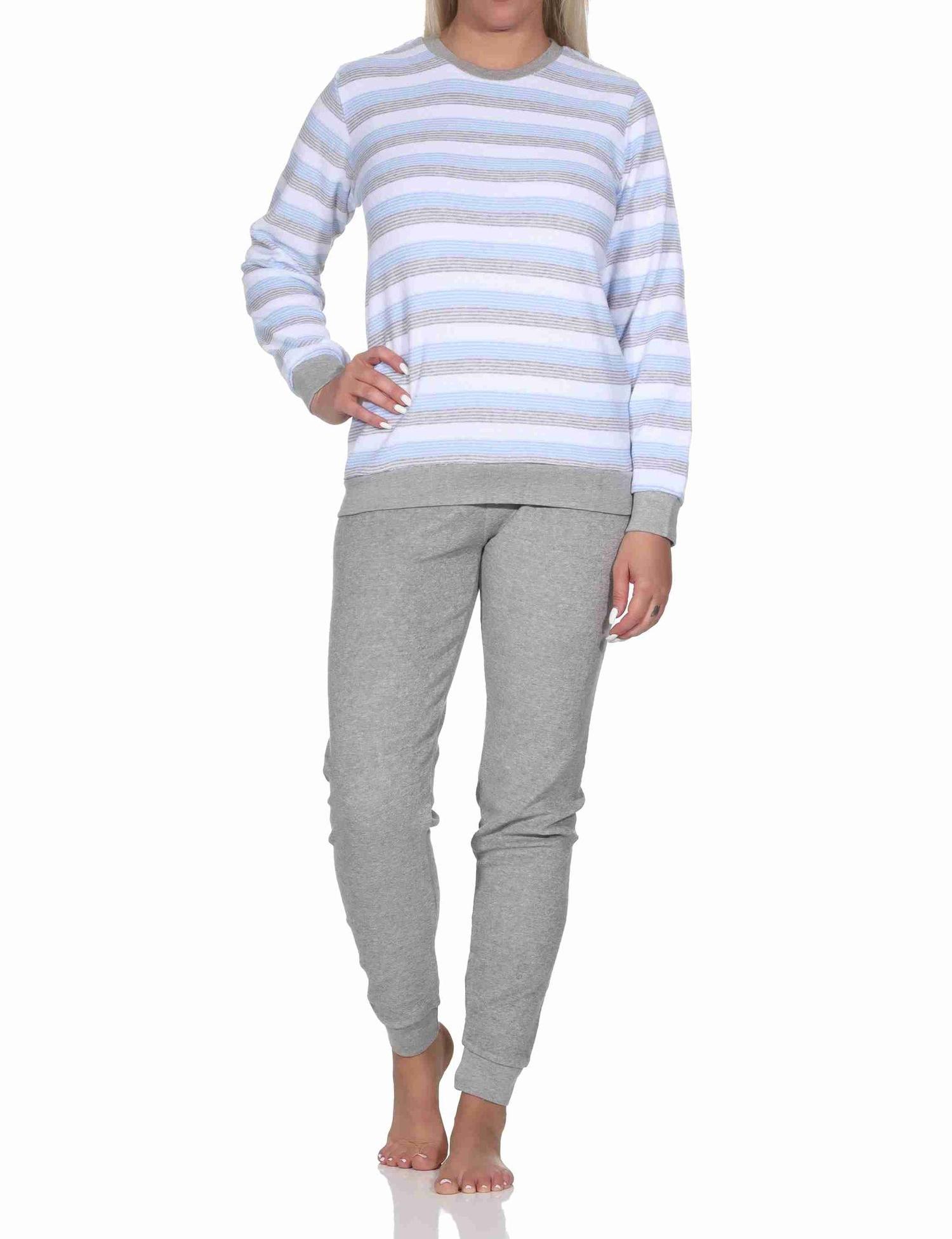 Damen Frottee Schlafanzug langarm mit Bündchen - Streifenoptik - auch in Übergrössen