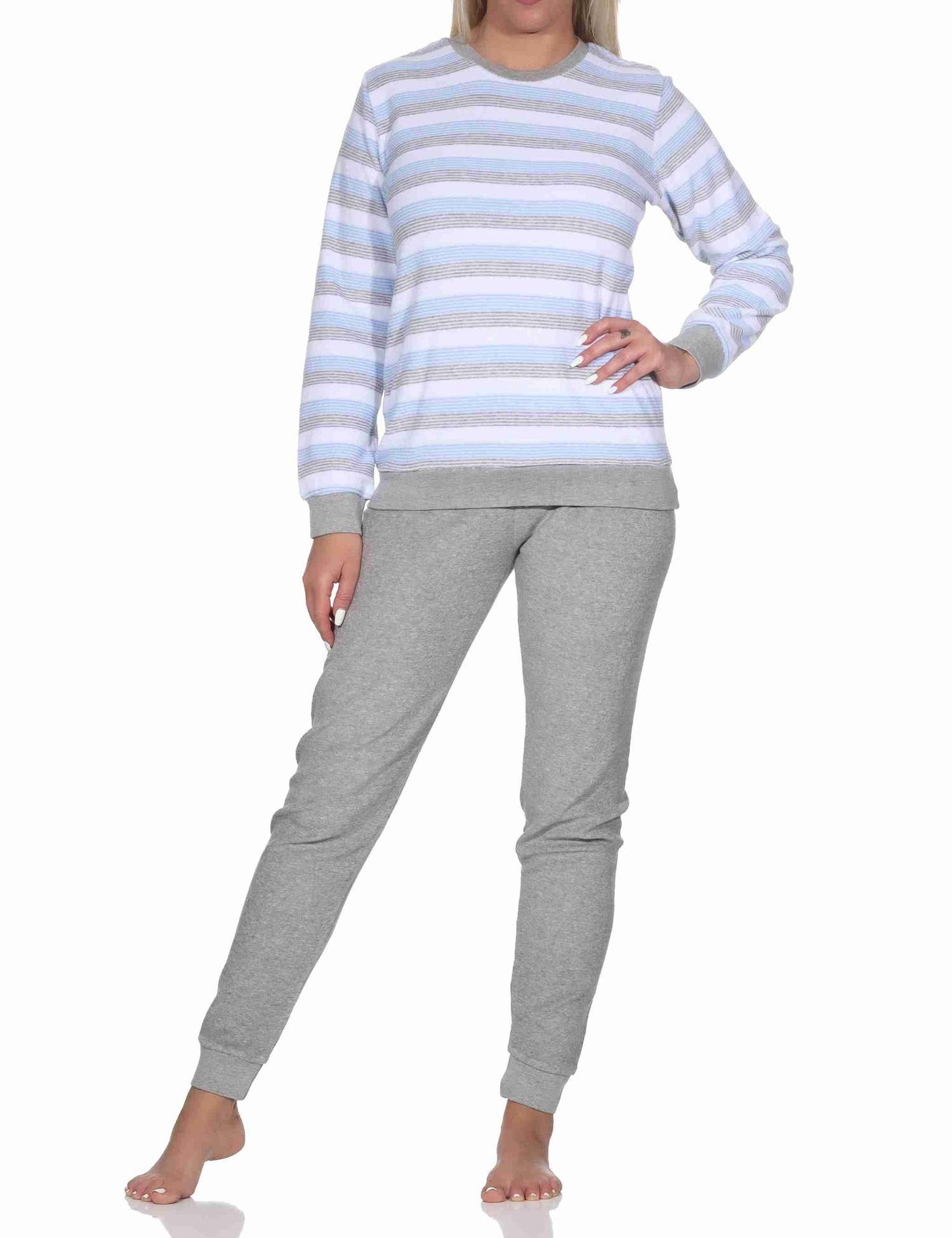Damen Frottee Schlafanzug langarm mit Bündchen - Streifenoptik - auch in Übergrössen