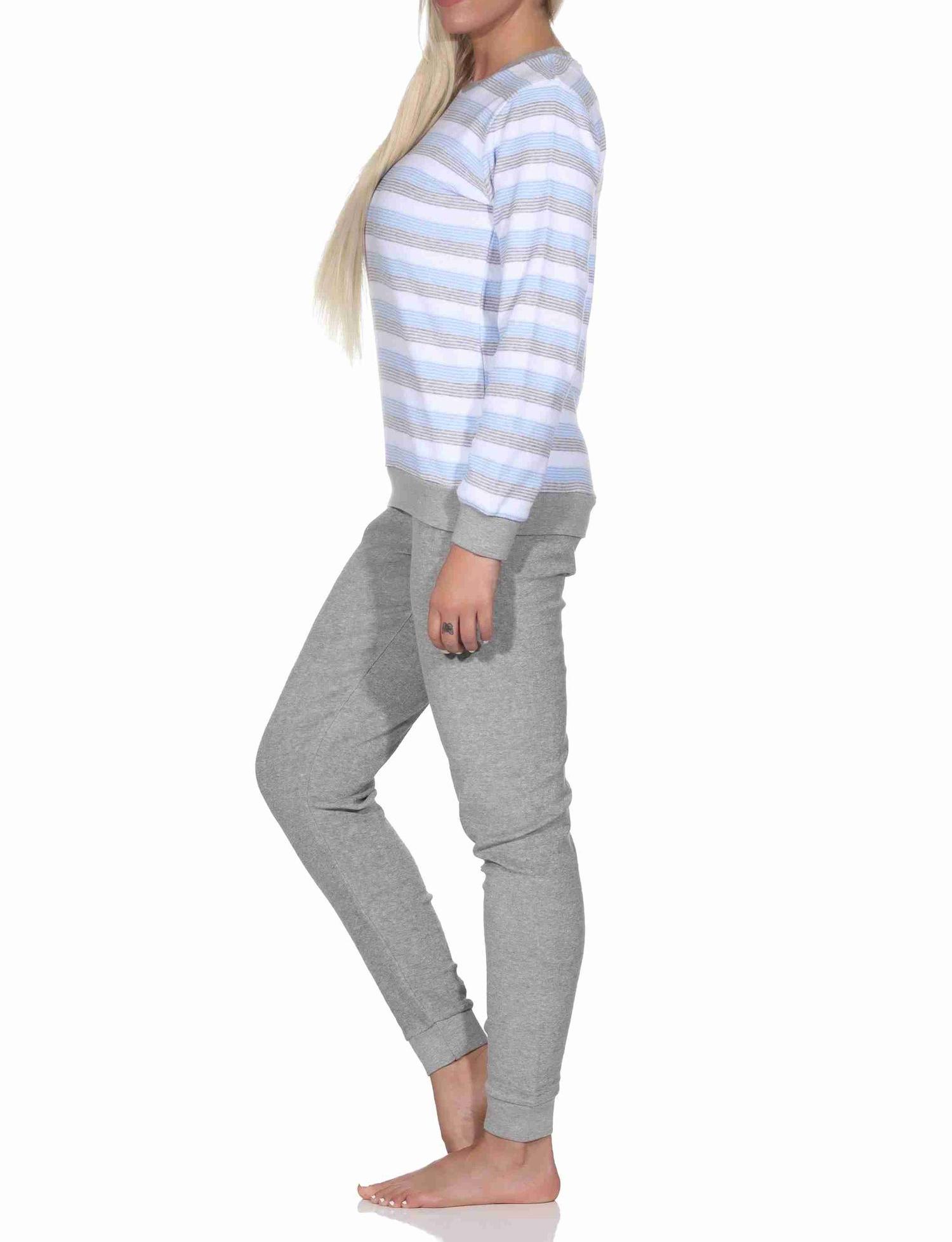 Damen Frottee Schlafanzug langarm mit Bündchen - Streifenoptik - auch in Übergrössen