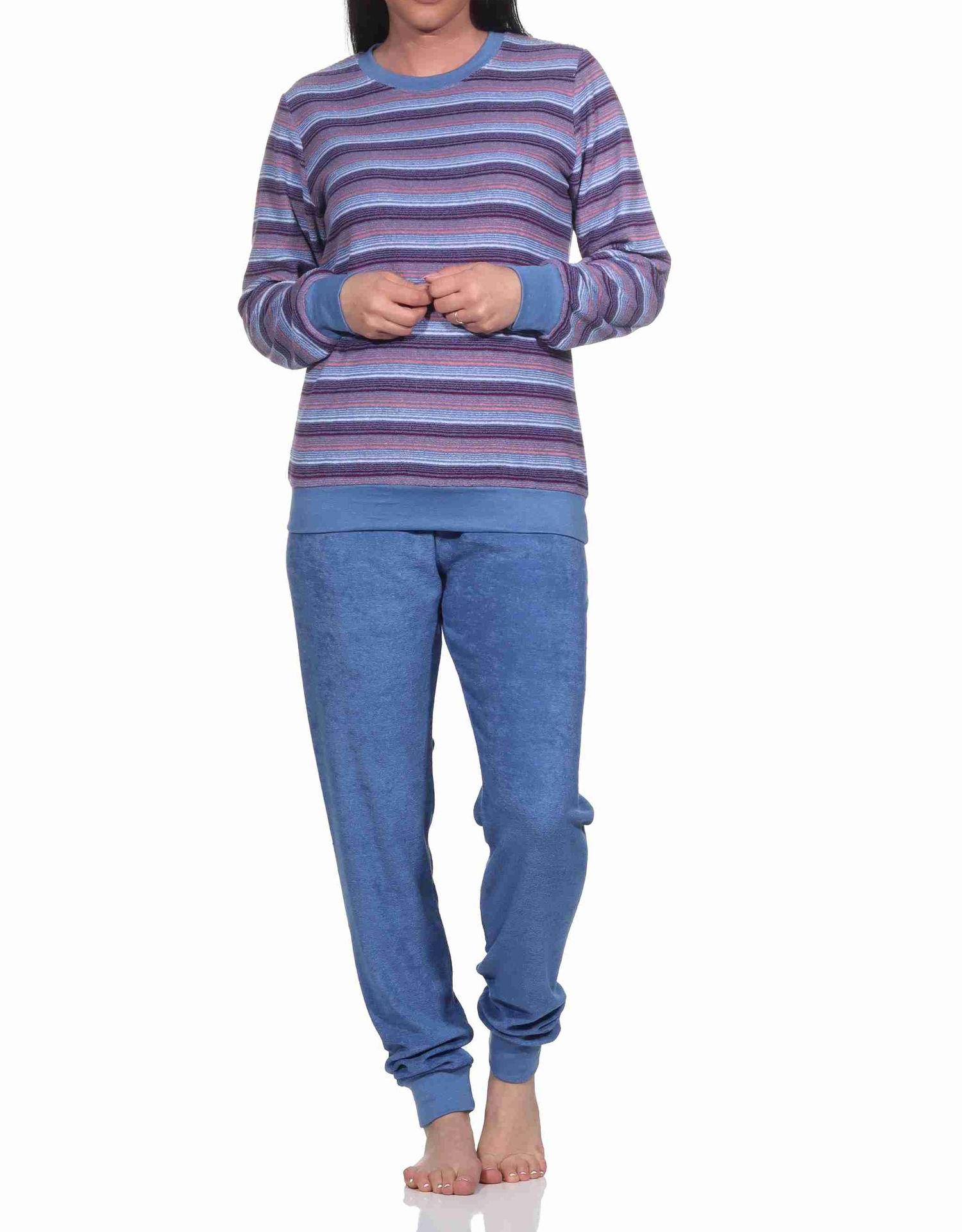 Damen Frottee Schlafanzug mit Bündchen in eleganten Streifendesign - auch in Übergrössen