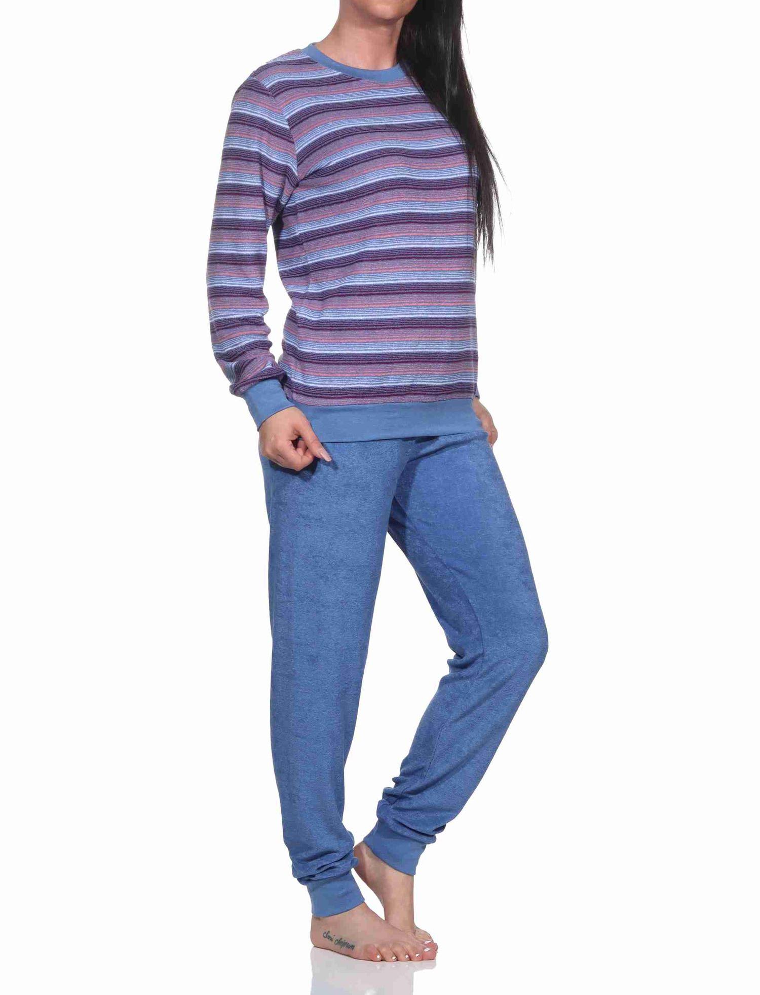 Damen Frottee Schlafanzug mit Bündchen in eleganten Streifendesign - auch in Übergrössen