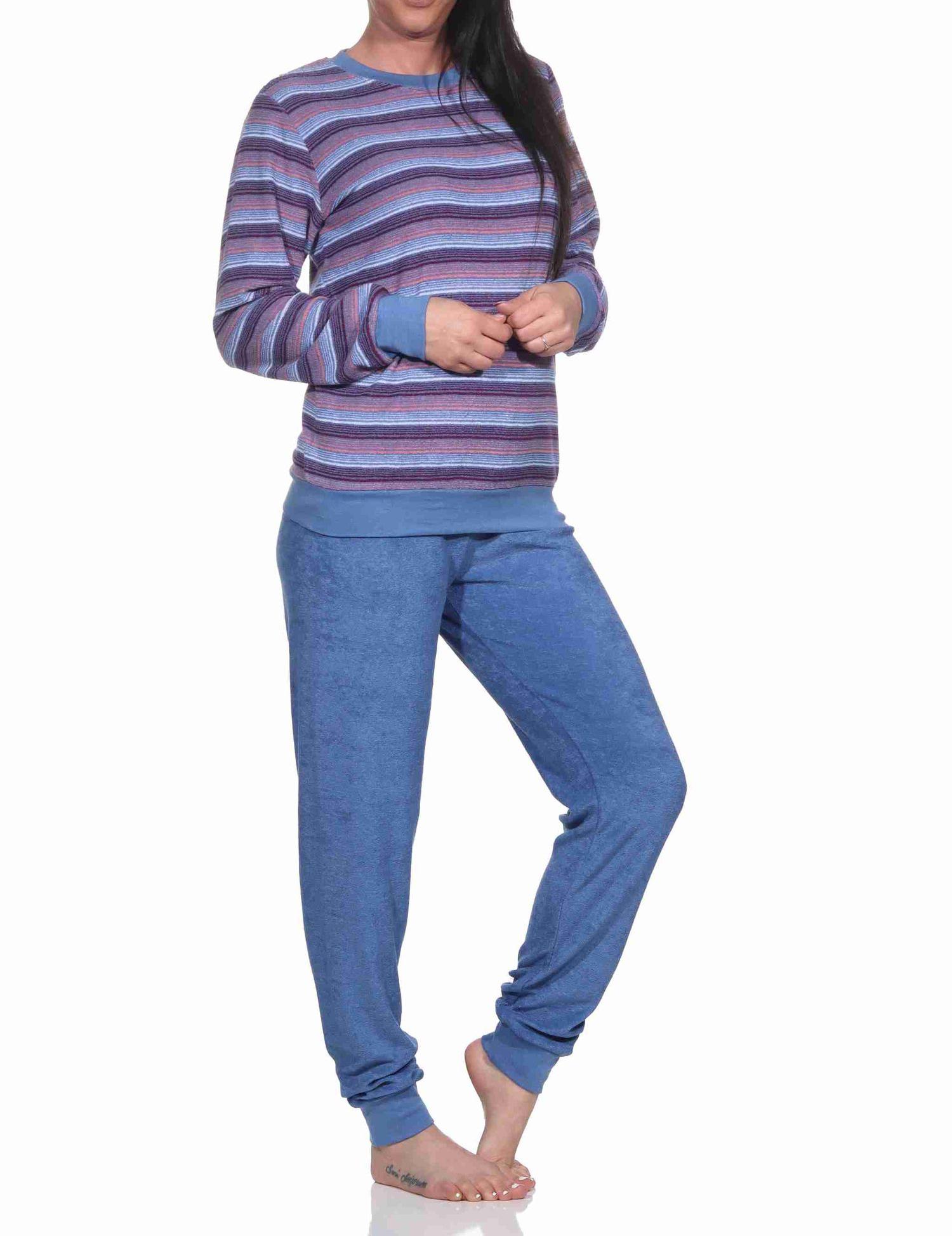 Damen Frottee Schlafanzug mit Bündchen in eleganten Streifendesign - auch in Übergrössen