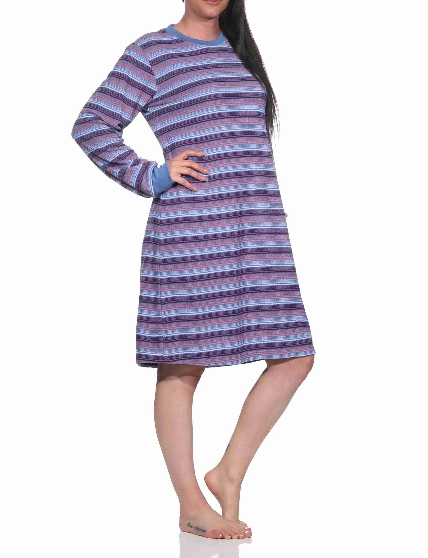 Damen Frottee Nachthemd langarm mit Bündchen in Streifendesign - auch in Übergrössen