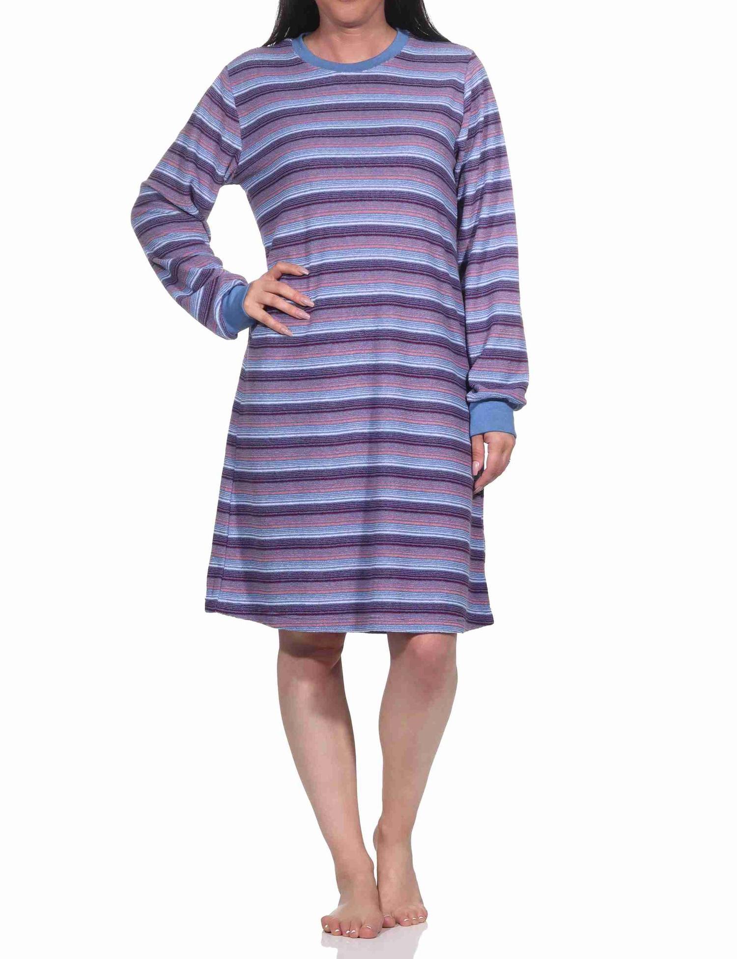 Damen Frottee Nachthemd langarm mit Bündchen in Streifendesign - auch in Übergrössen