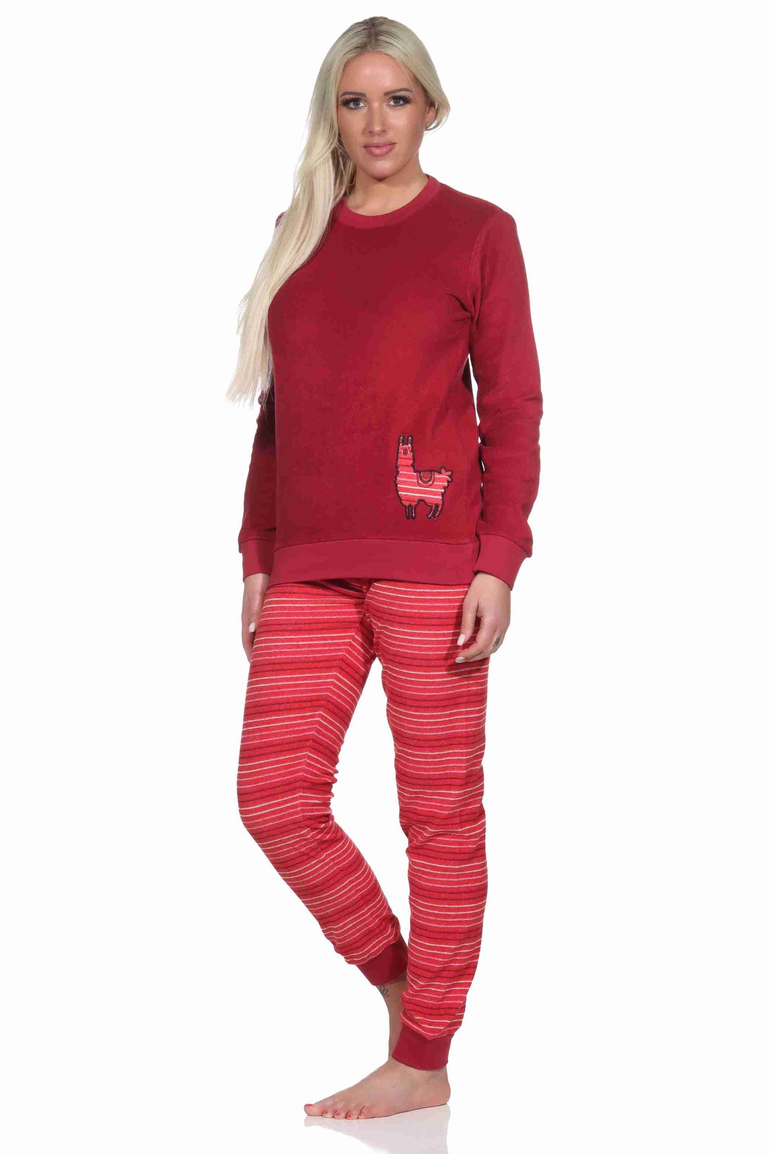 Damen Frottee Pyjama, Hose gestreift, Oberteil mit süssen Tiermotiv - auch in Übergrössen Damen Frottee Pyjama, Hose gestreift, Oberteil mit süssen Tiermotiv - auch in Übergrössen