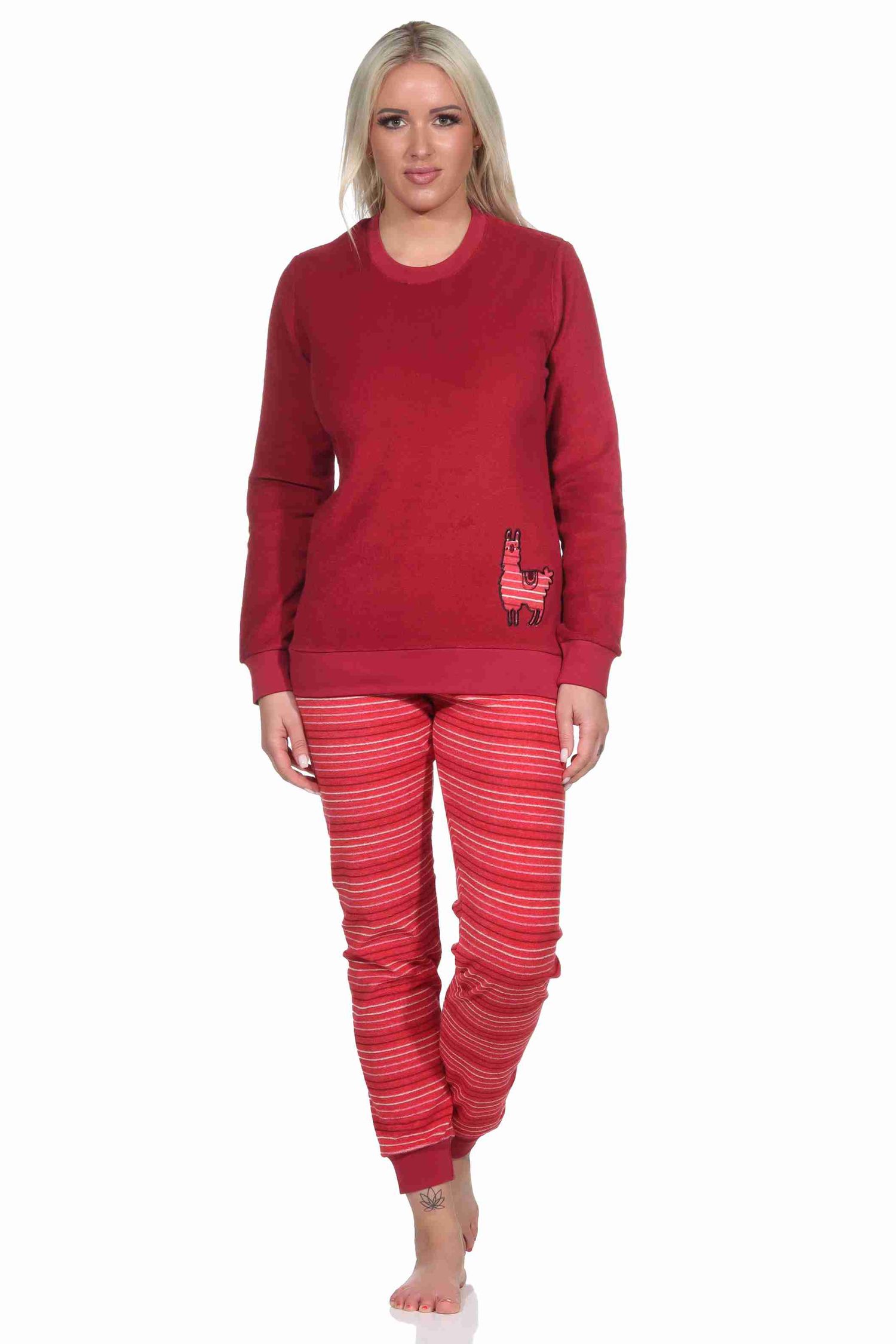Damen Frottee Pyjama, Hose gestreift, Oberteil mit süssen Tiermotiv - auch in Übergrössen