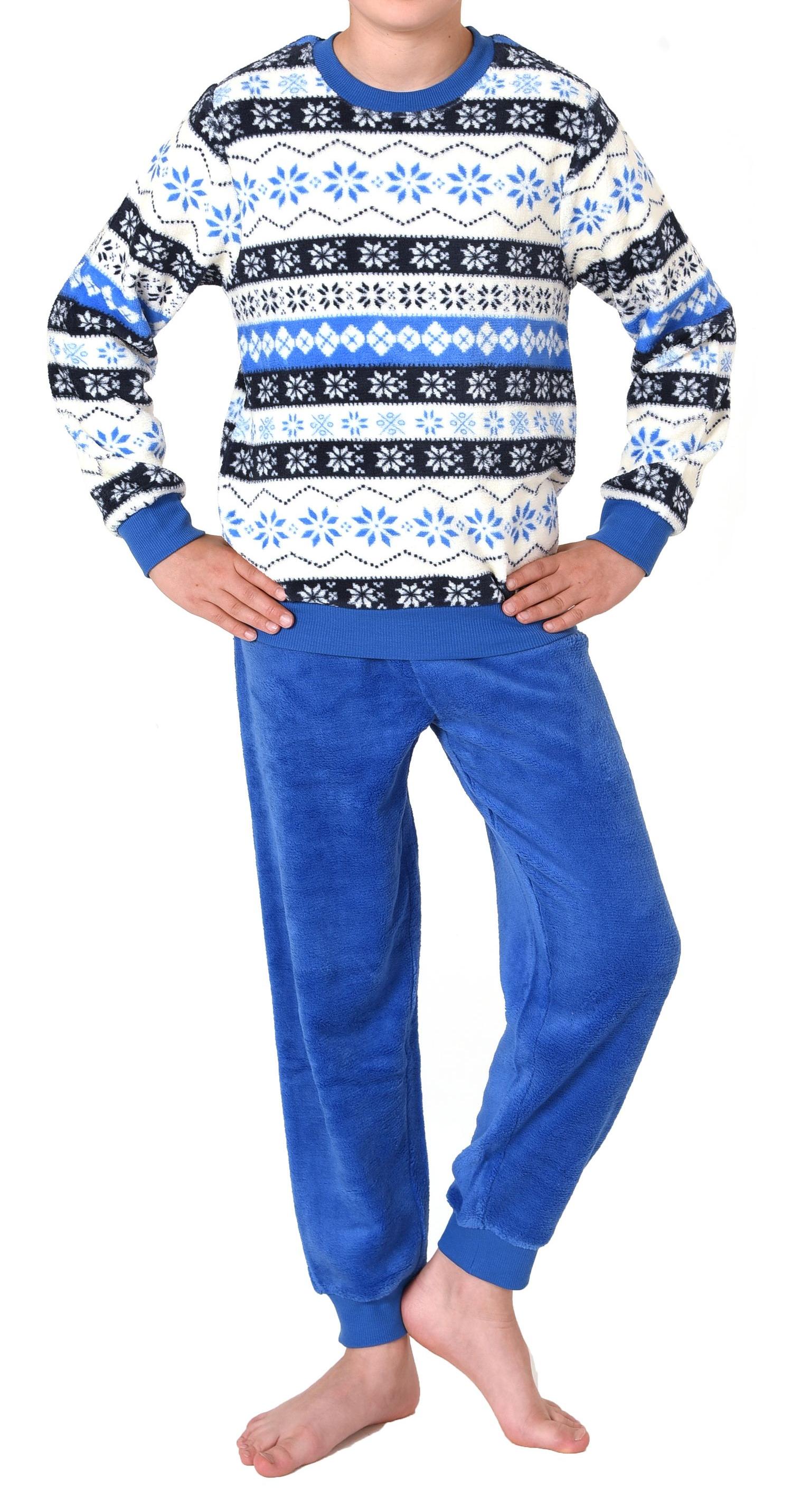 Kinder Unisex langarm Schlafanzug Pyjama mit Bündchen in Norweger Optik aus Coralfleece