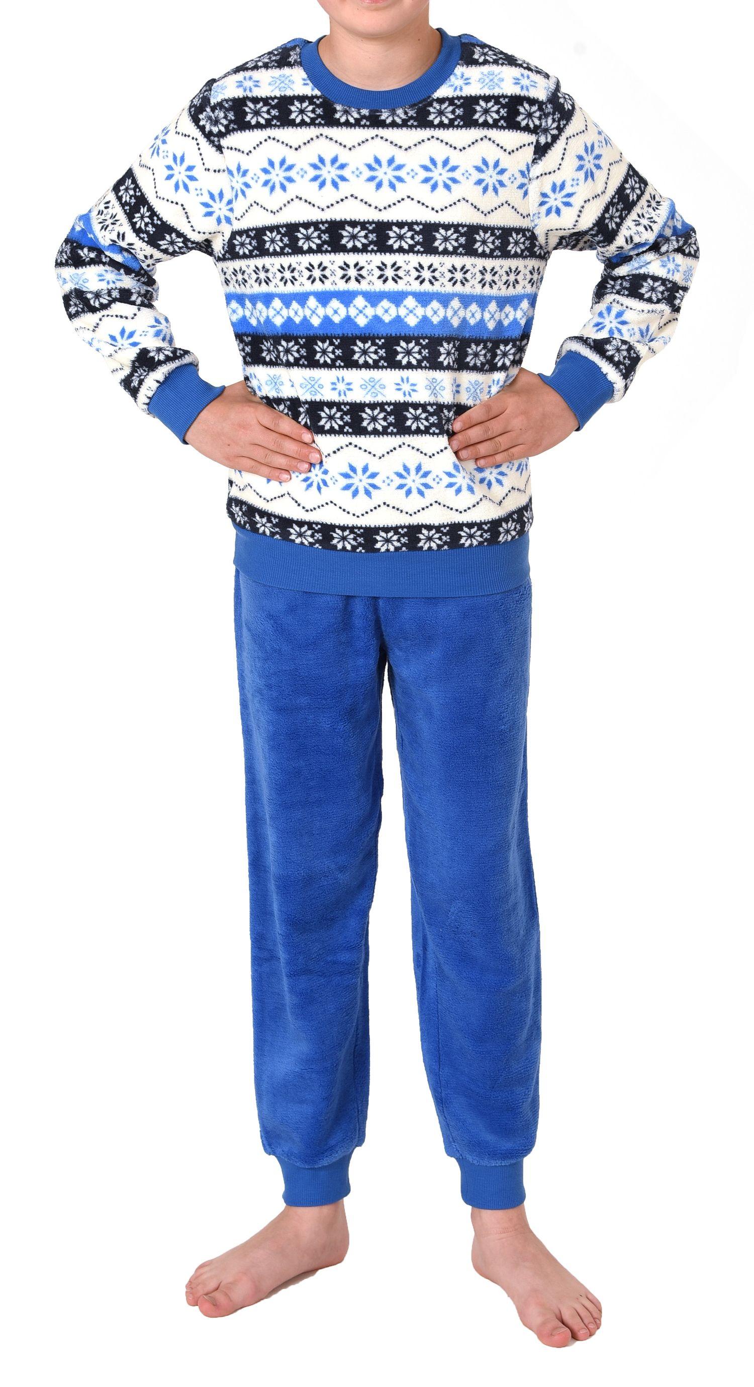 Kinder Unisex langarm Schlafanzug Pyjama mit Bündchen in Norweger Optik aus Coralfleece