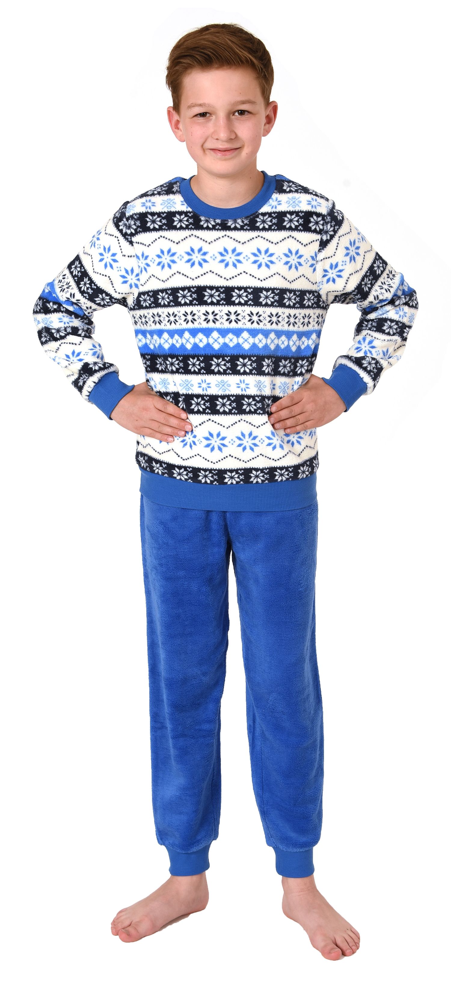 Kinder Unisex langarm Schlafanzug Pyjama mit Bündchen in Norweger Optik aus Coralfleece