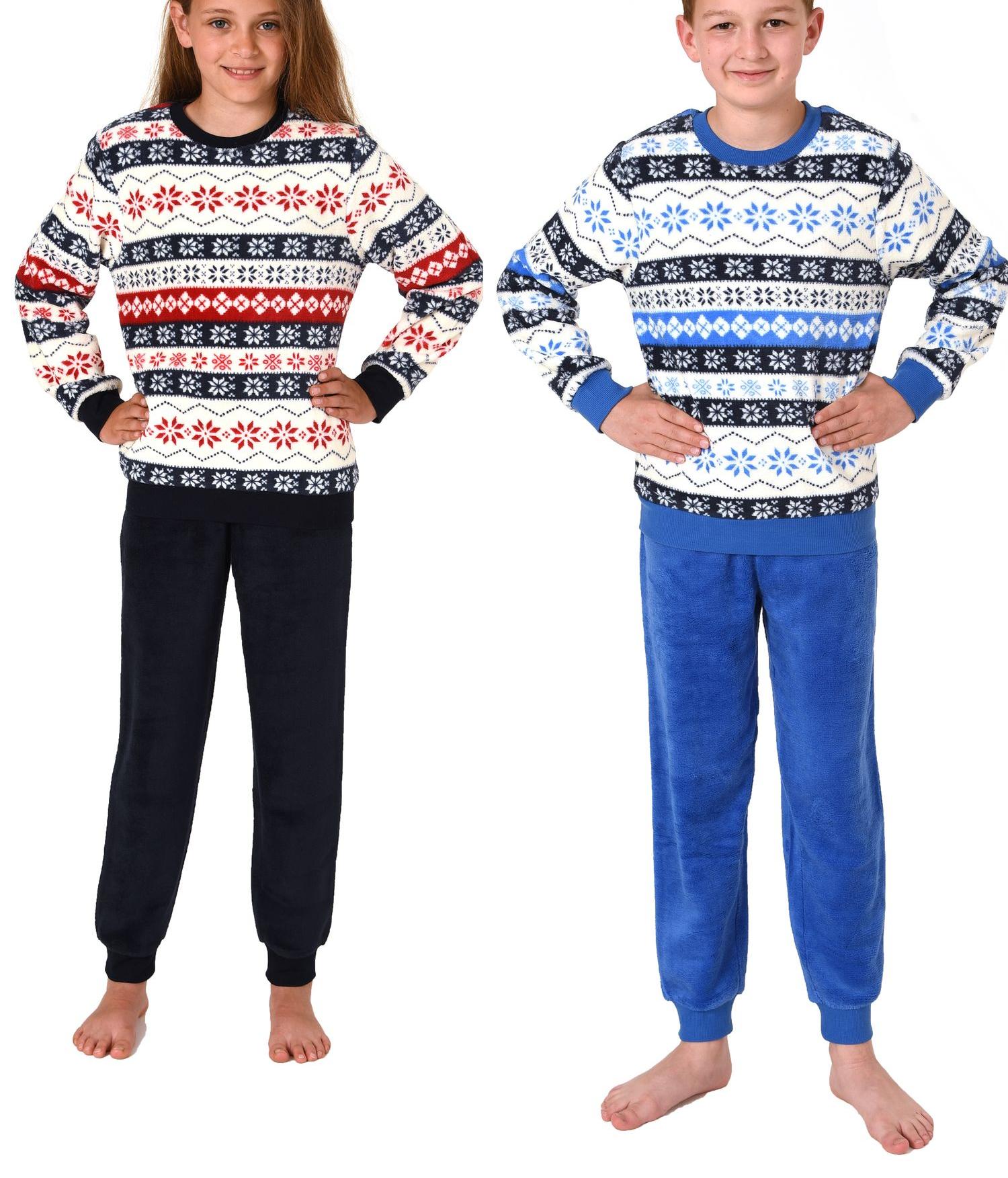 Kinder Unisex langarm Schlafanzug Pyjama mit Bündchen in Norweger Optik aus Coralfleece