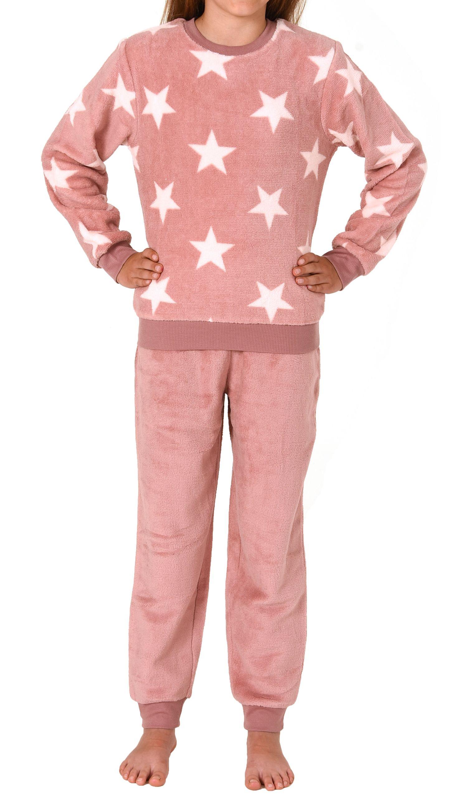 Mädchen langarm Schlafanzug mit Bündchen in Sterneoptik aus kuschelig warmen Coralfleece