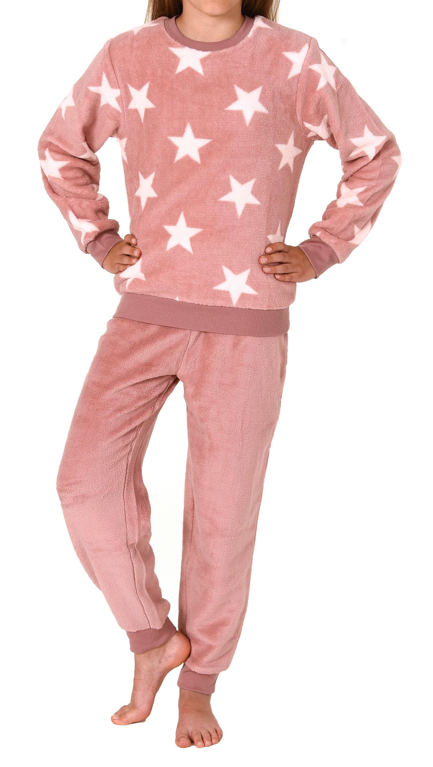 Mädchen langarm Schlafanzug mit Bündchen in Sterneoptik aus kuschelig warmen Coralfleece