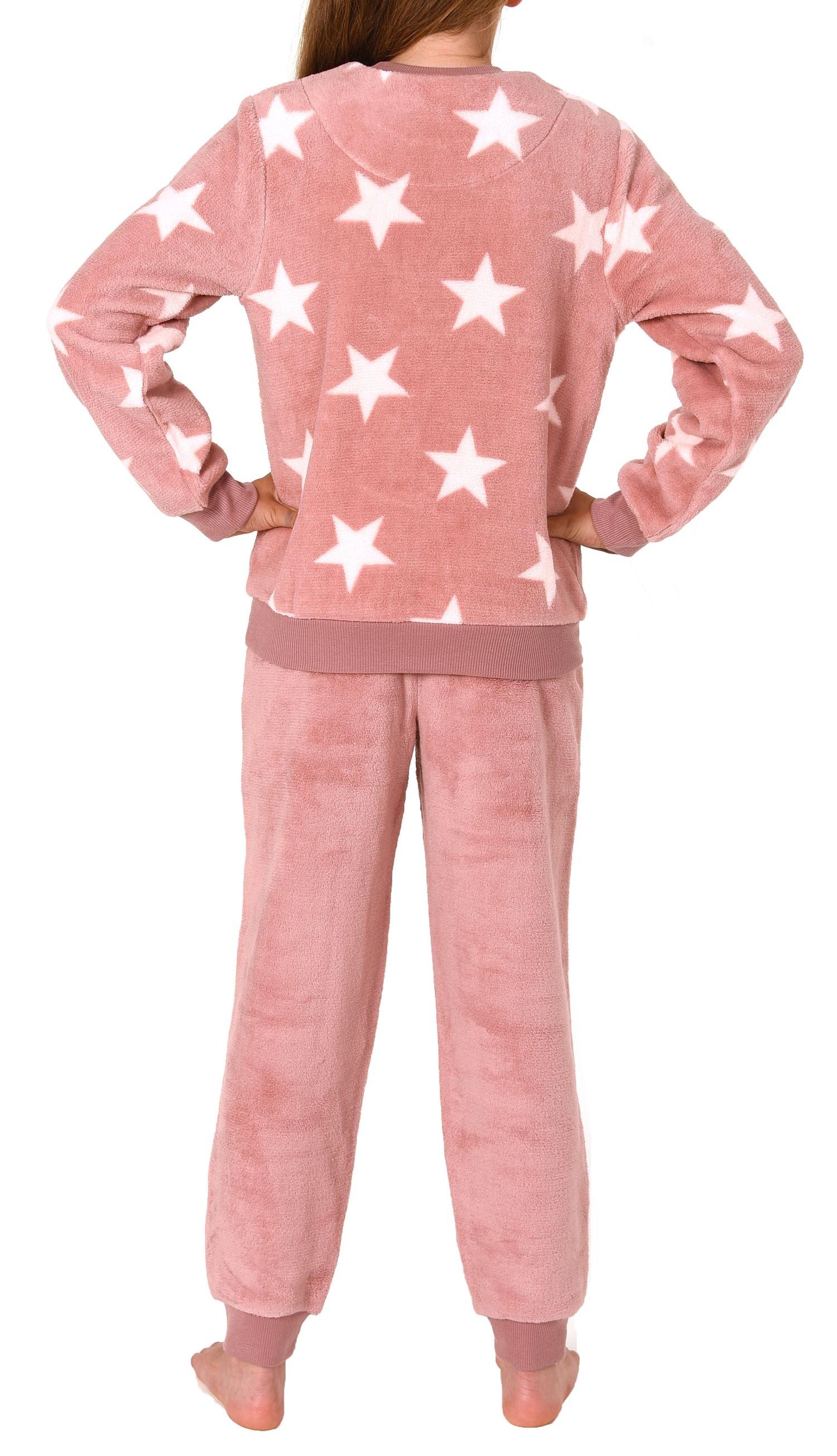 Mädchen langarm Schlafanzug mit Bündchen in Sterneoptik aus kuschelig warmen Coralfleece