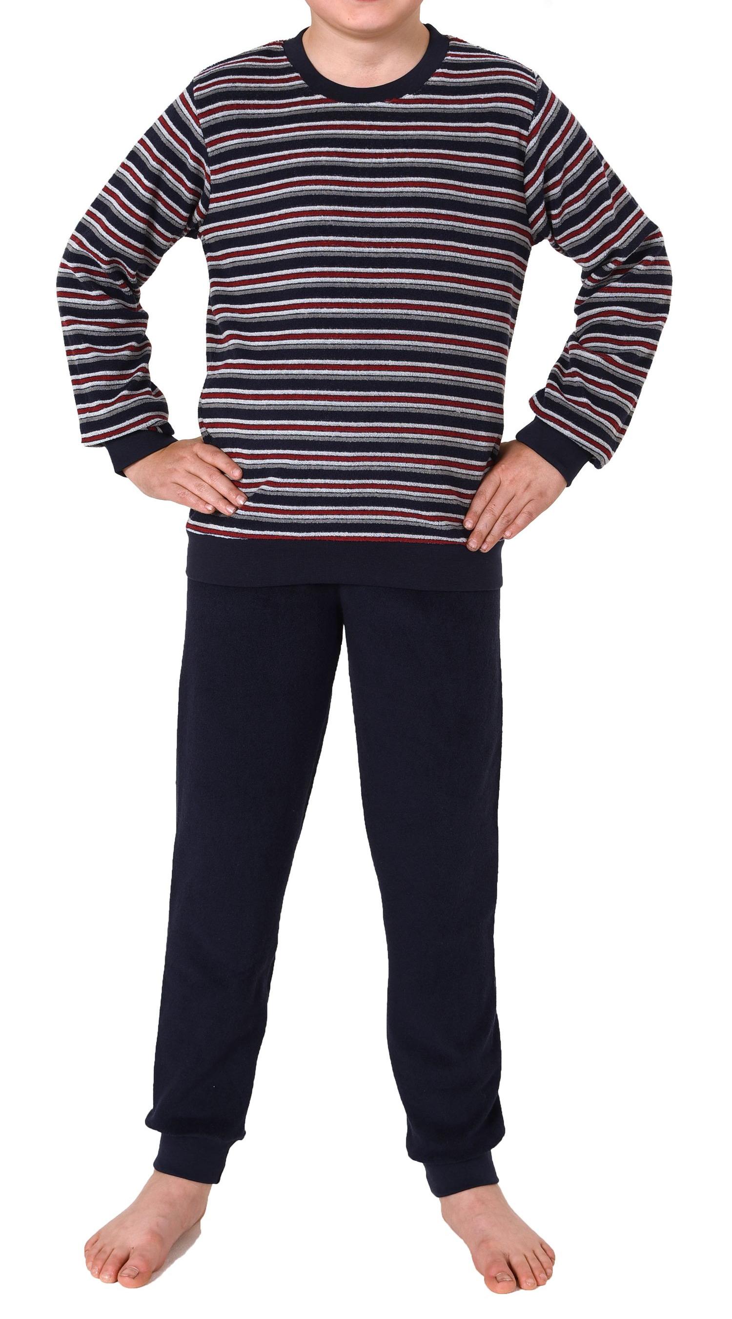 Jungen Frottee Schlafanzug Pyjama langarm mit Bündchen in Streifenoptik