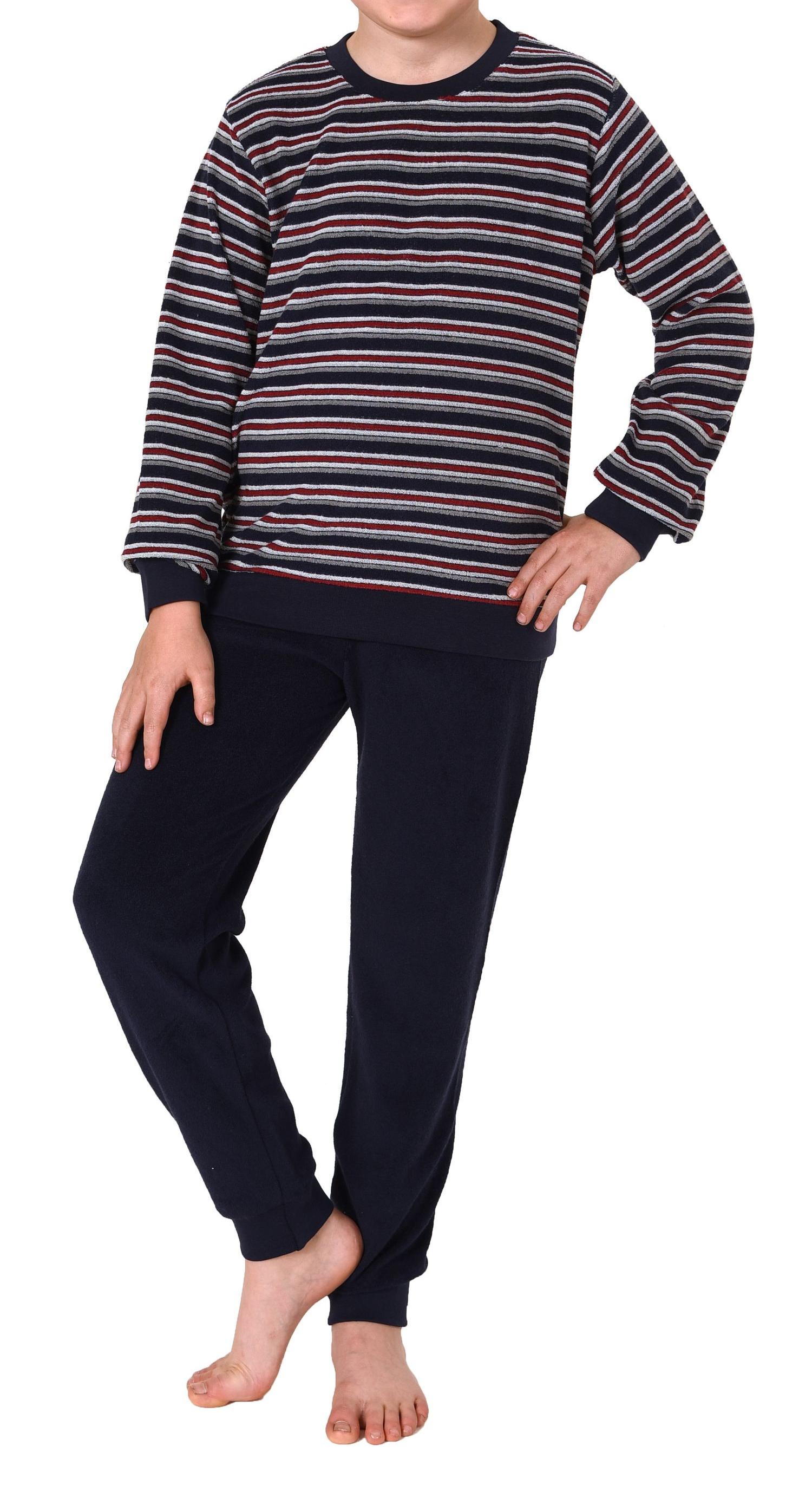 Jungen Frottee Schlafanzug Pyjama langarm mit Bündchen in Streifenoptik